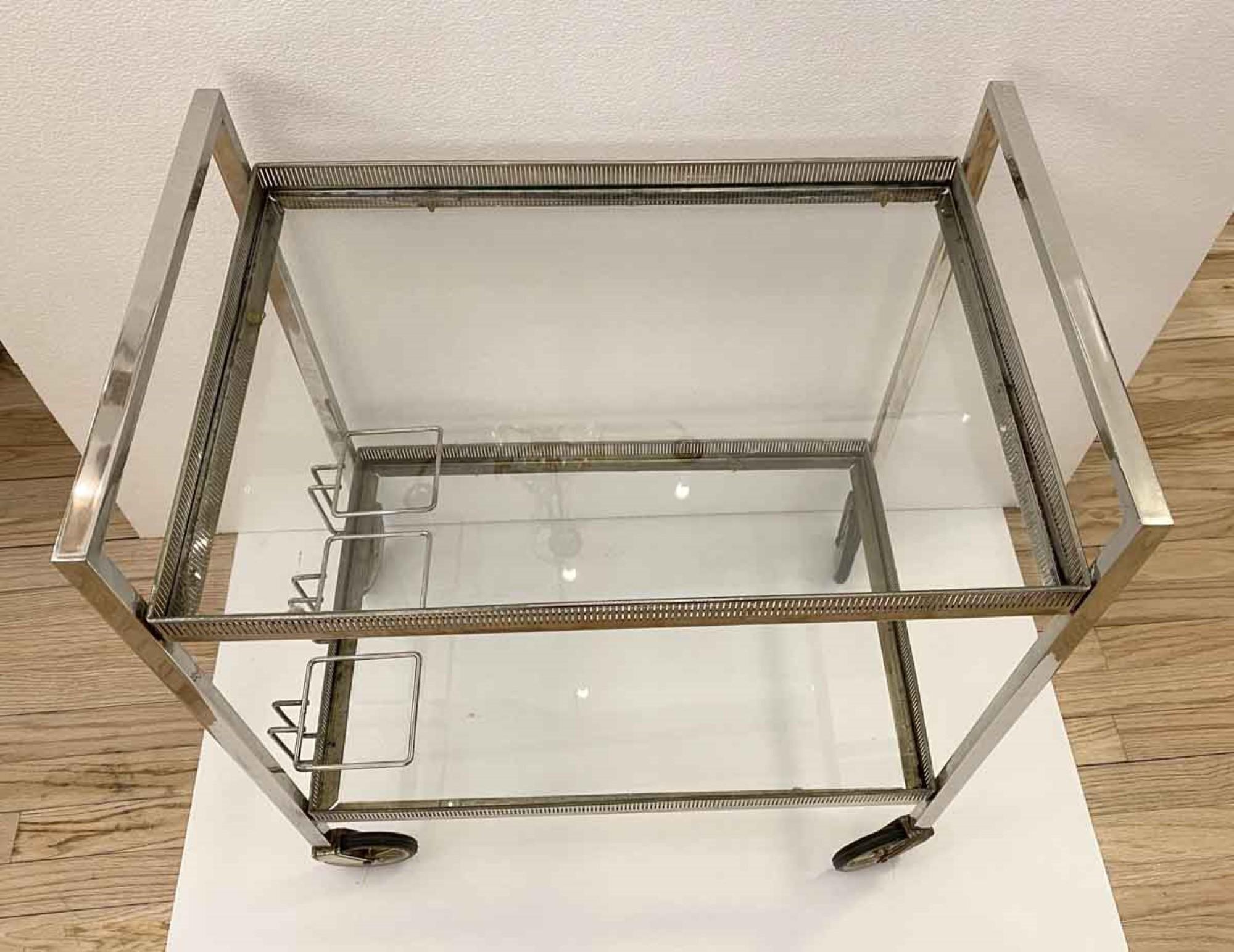 Brass 1990s Mid-Century Modern Bar Cart from Belgium, Nickel-Plated with Glass Shelves