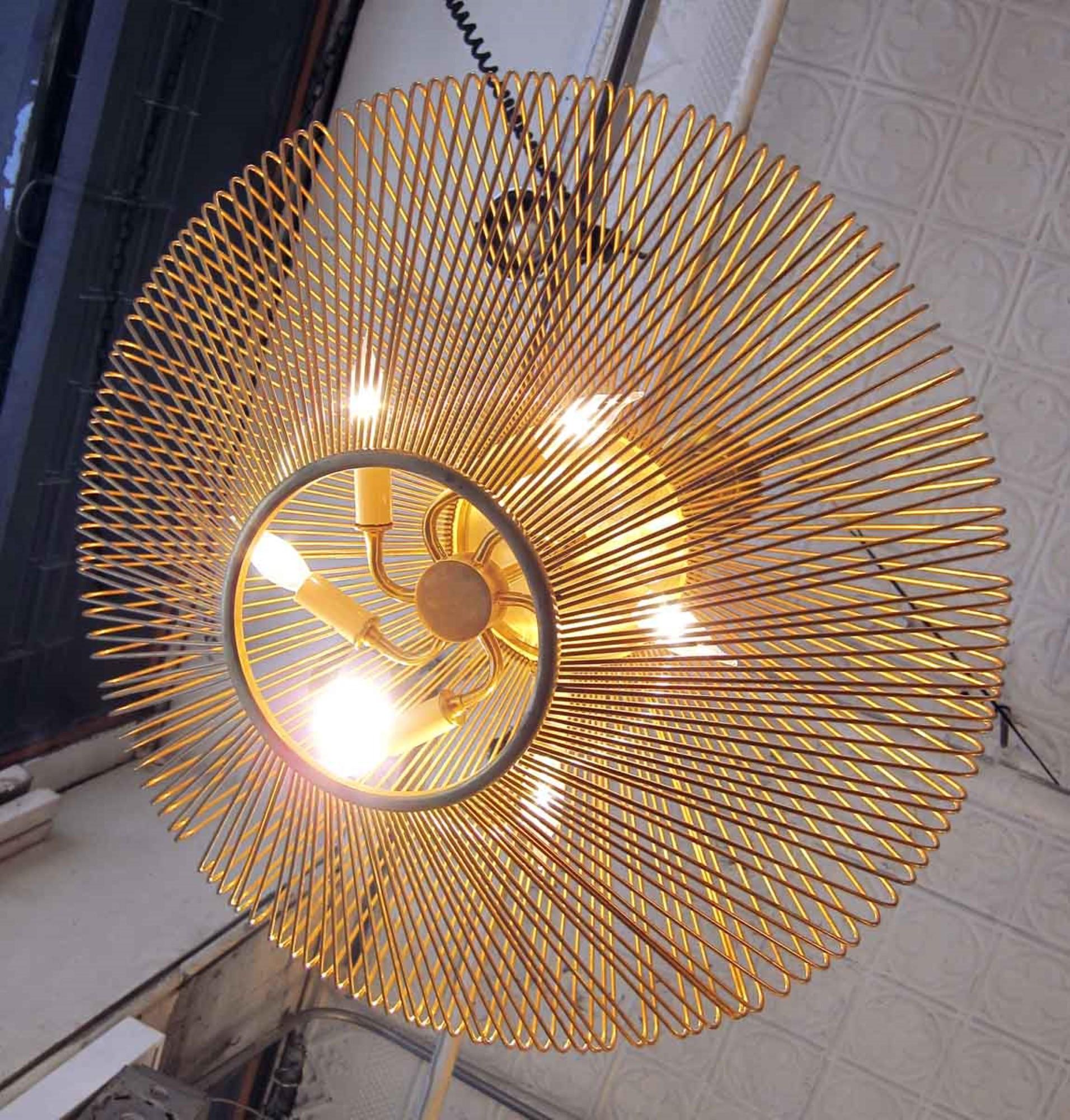 Mid-Century Modern Gold Finish Cage Pendant Light In Good Condition For Sale In New York, NY
