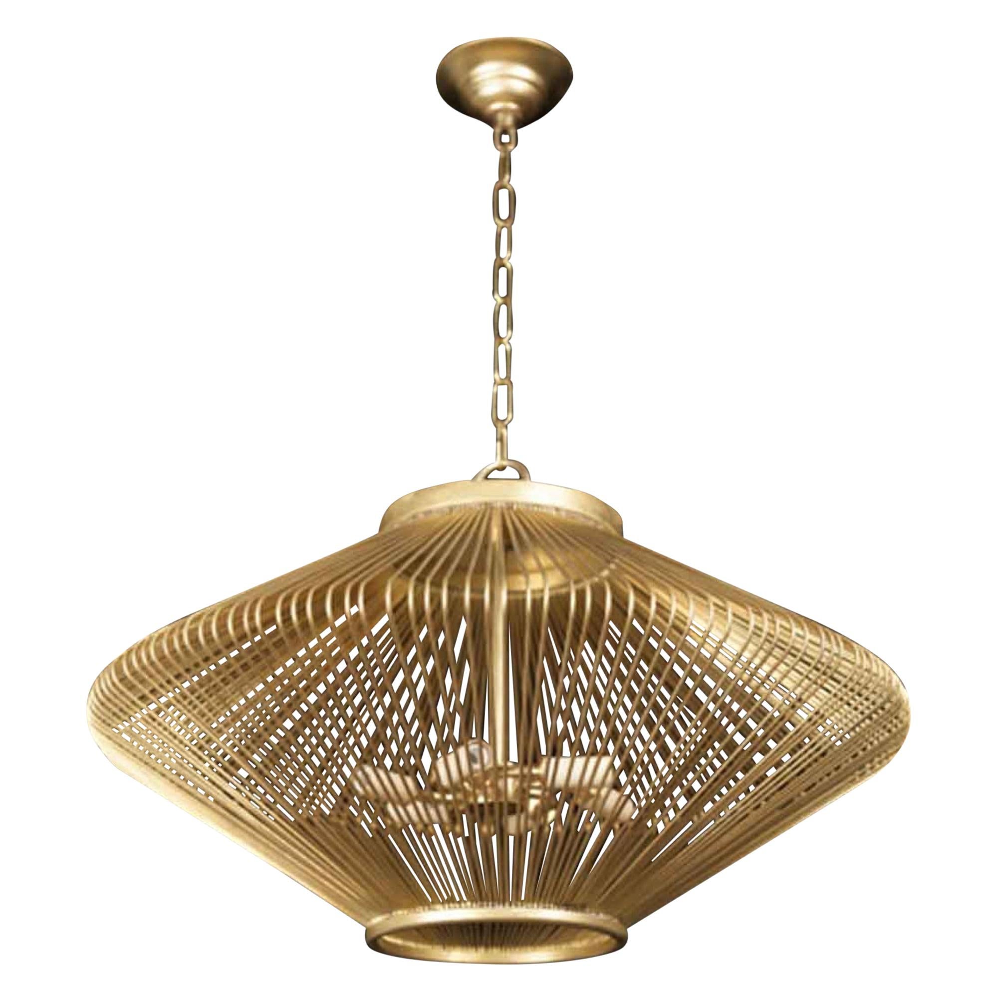 Mid-Century Modern Gold Finish Cage Pendant Light For Sale
