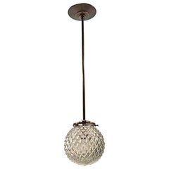 1990s Mid-Century Modern Globe Brass Pendant Light Textured Glass