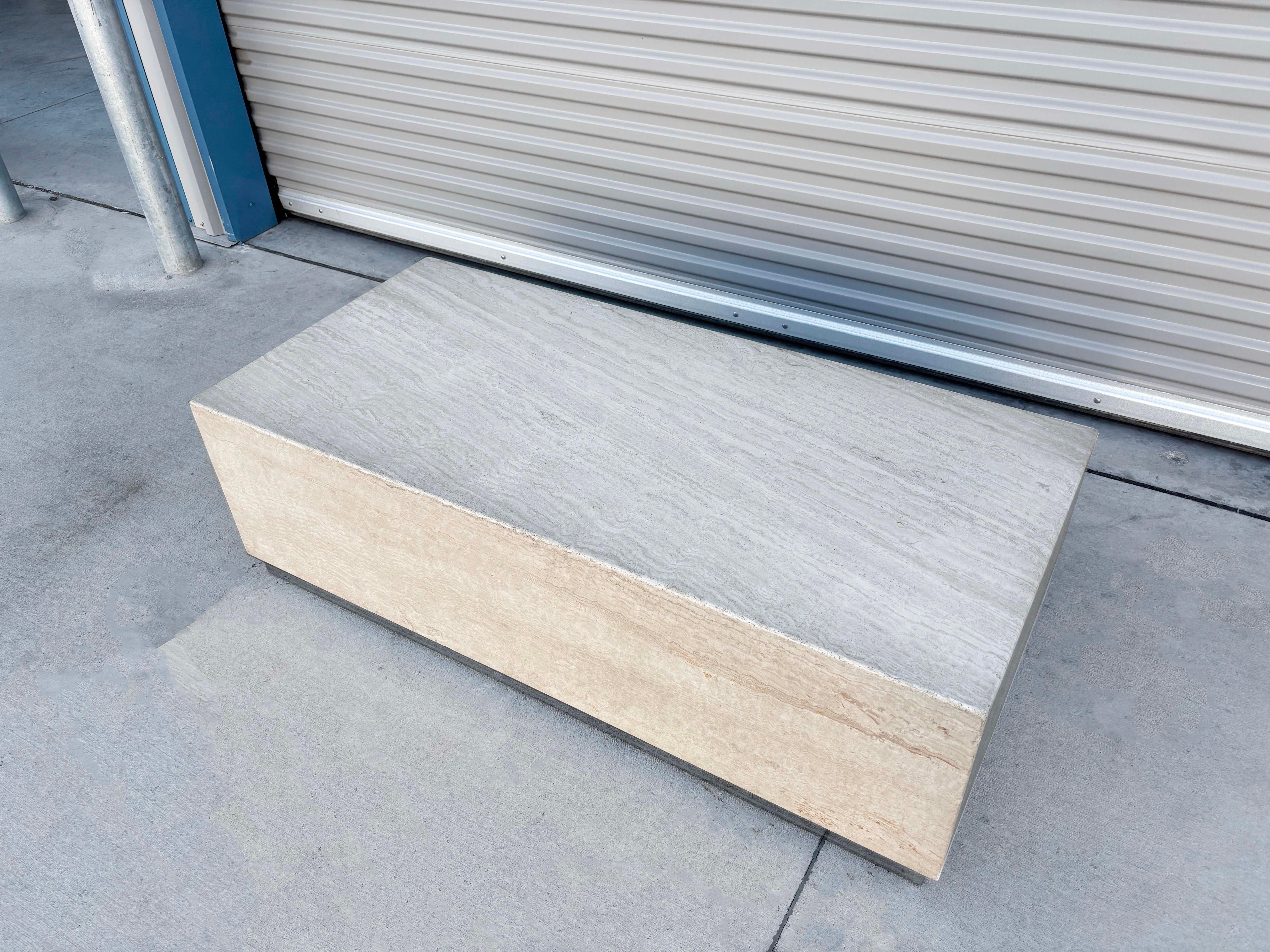 1990s Mid Century Rectangular Travertine and Chrome Coffee Table In Good Condition For Sale In North Hollywood, CA