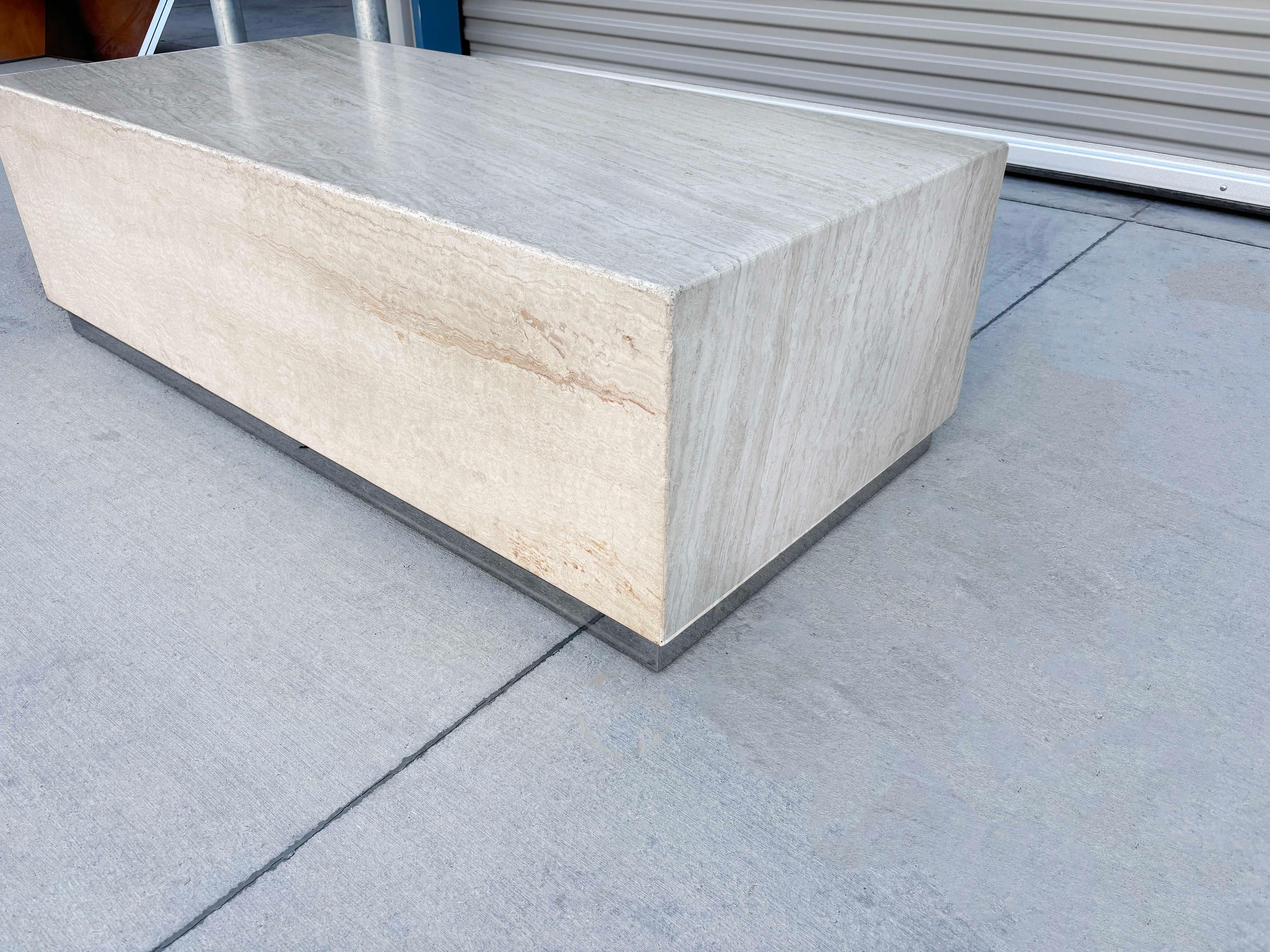 Late 20th Century 1990s Mid Century Rectangular Travertine and Chrome Coffee Table For Sale