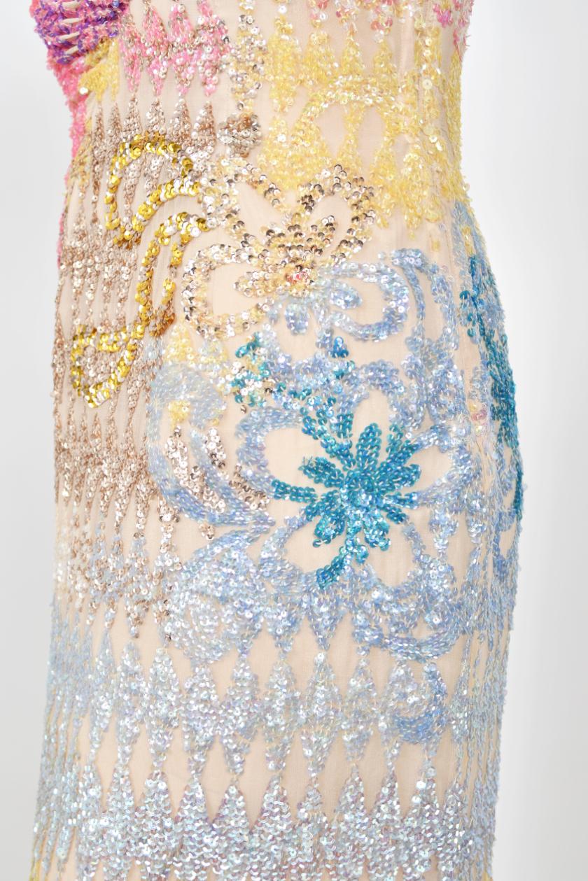 1990's Mike Benet Rainbow Sequin Silk Asymmetric Hourglass Versace-Like Gown 6