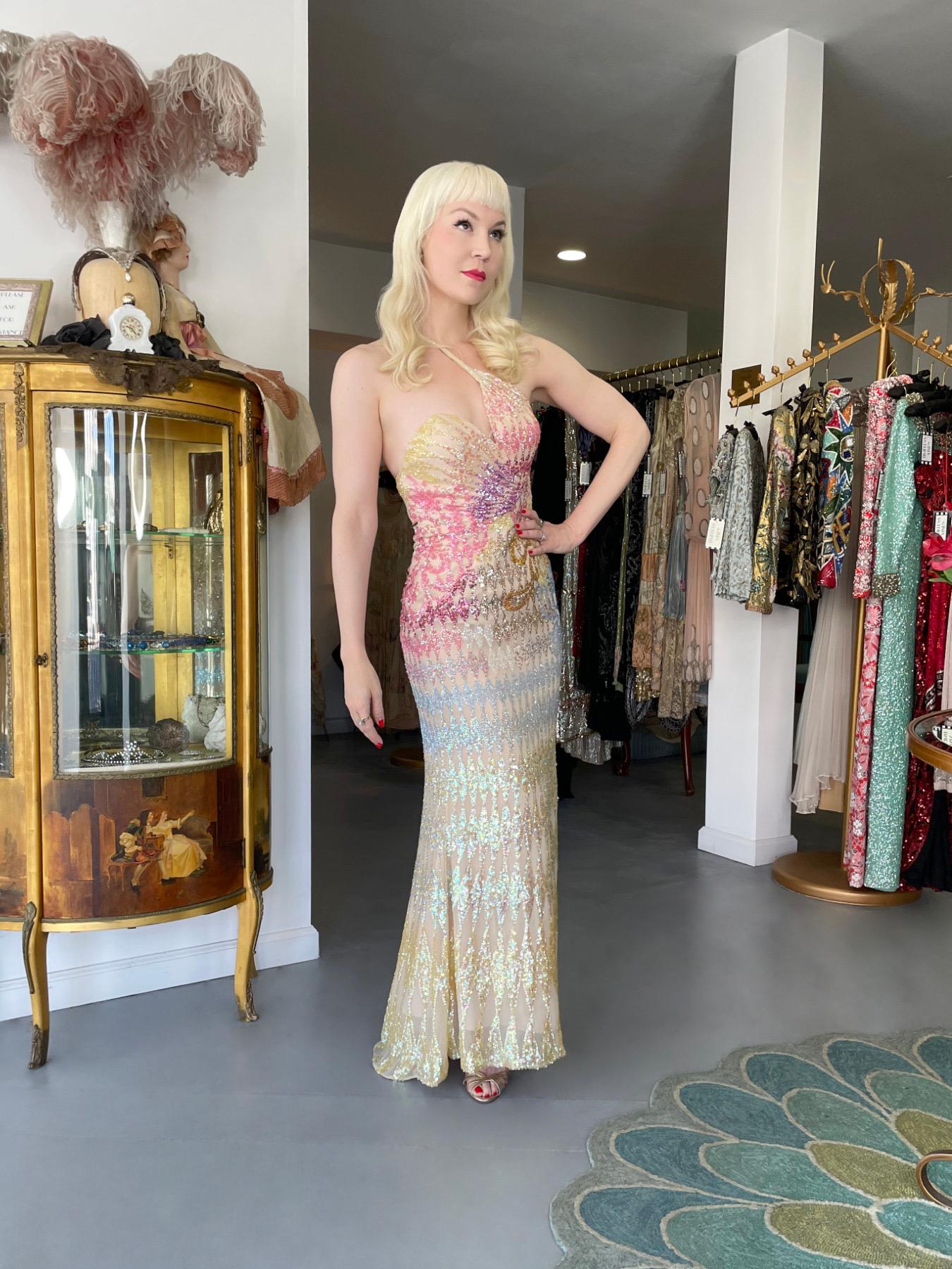 1990's Mike Benet Rainbow Sequin Silk Asymmetric Hourglass Versace-Like Gown 7