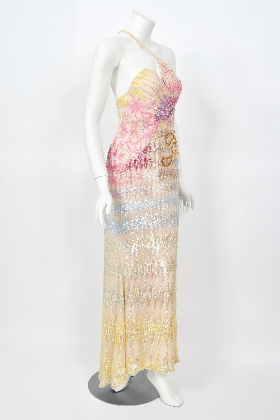 1990's Mike Benet Rainbow Sequin Silk Asymmetric Hourglass Versace-Like Gown 8