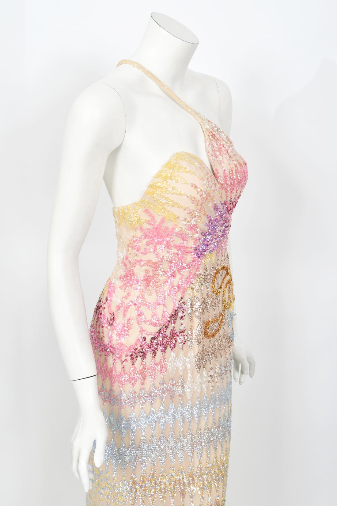 1990's Mike Benet Rainbow Sequin Silk Asymmetric Hourglass Versace-Like Gown 9