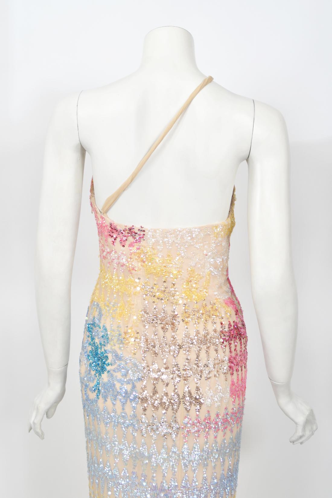 1990's Mike Benet Rainbow Sequin Silk Asymmetric Hourglass Versace-Like Gown 11