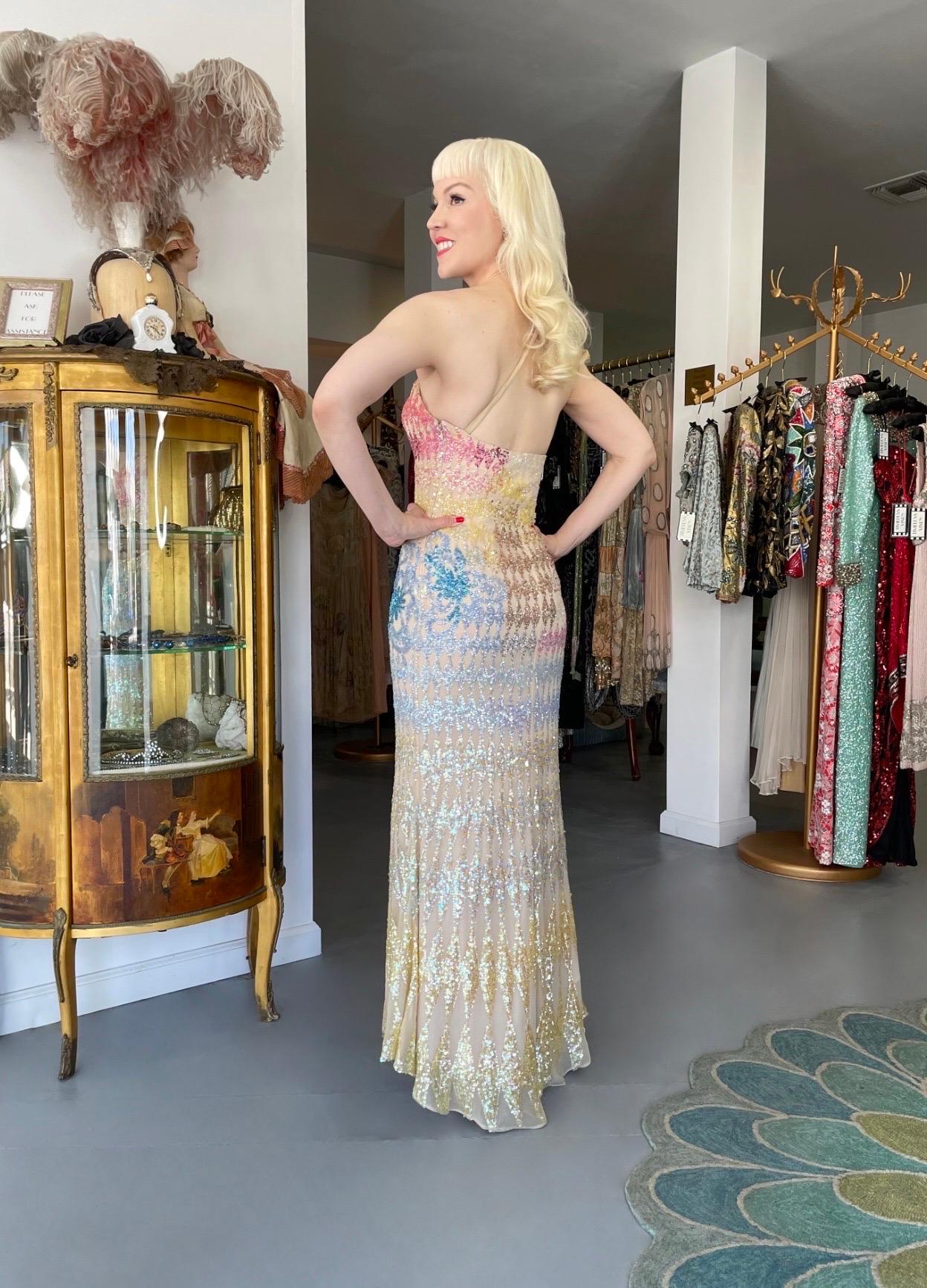 1990's Mike Benet Rainbow Sequin Silk Asymmetric Hourglass Versace-Like Gown 13