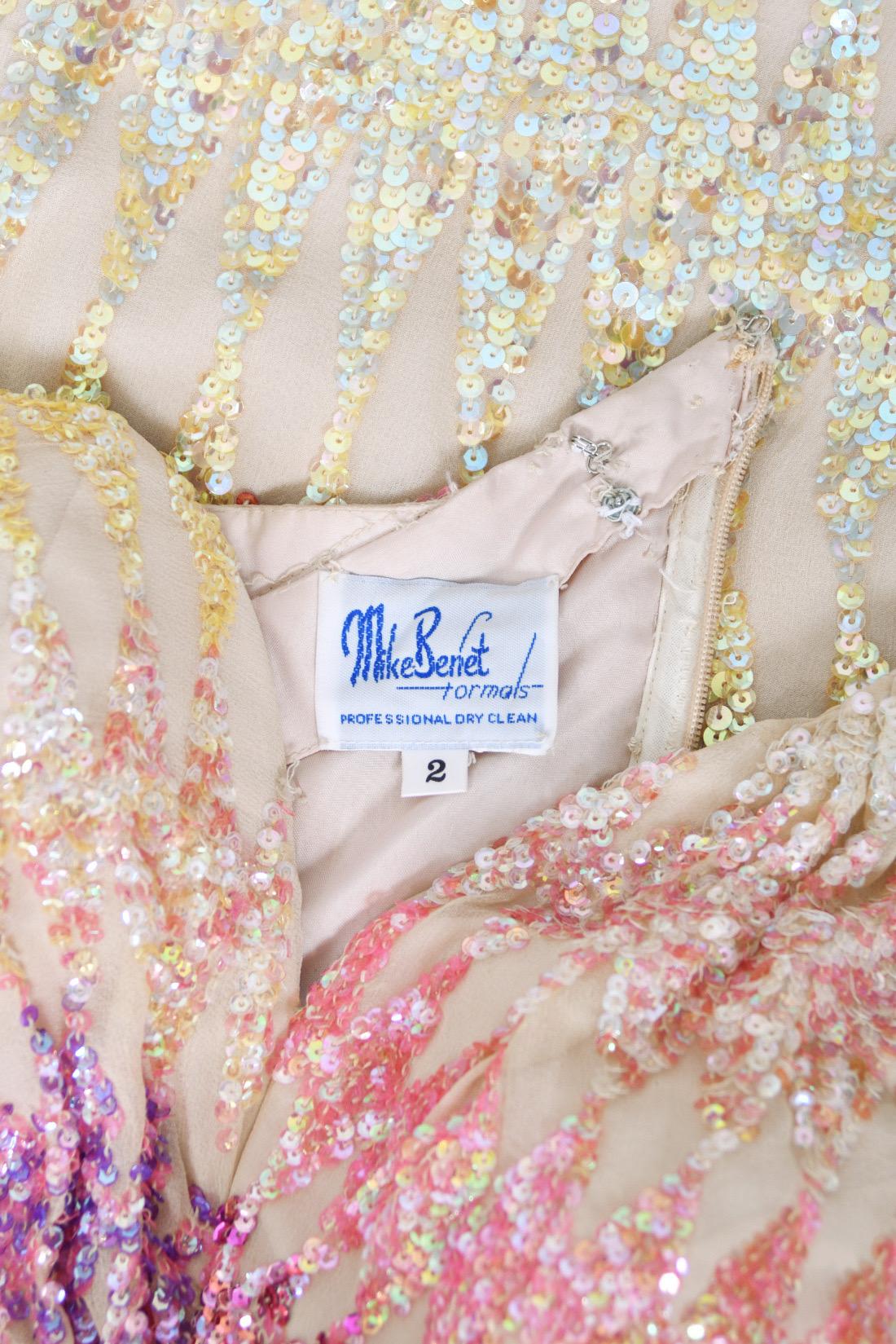 1990's Mike Benet Rainbow Sequin Silk Asymmetric Hourglass Versace-Like Gown 14