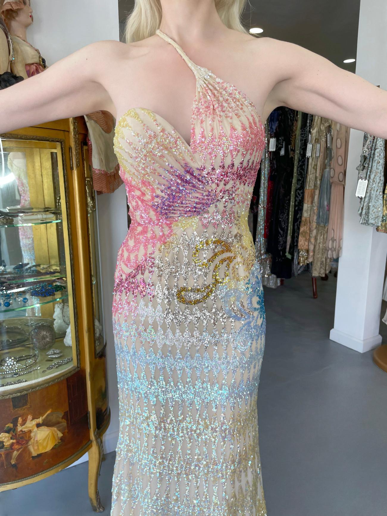 Women's 1990's Mike Benet Rainbow Sequin Silk Asymmetric Hourglass Versace-Like Gown