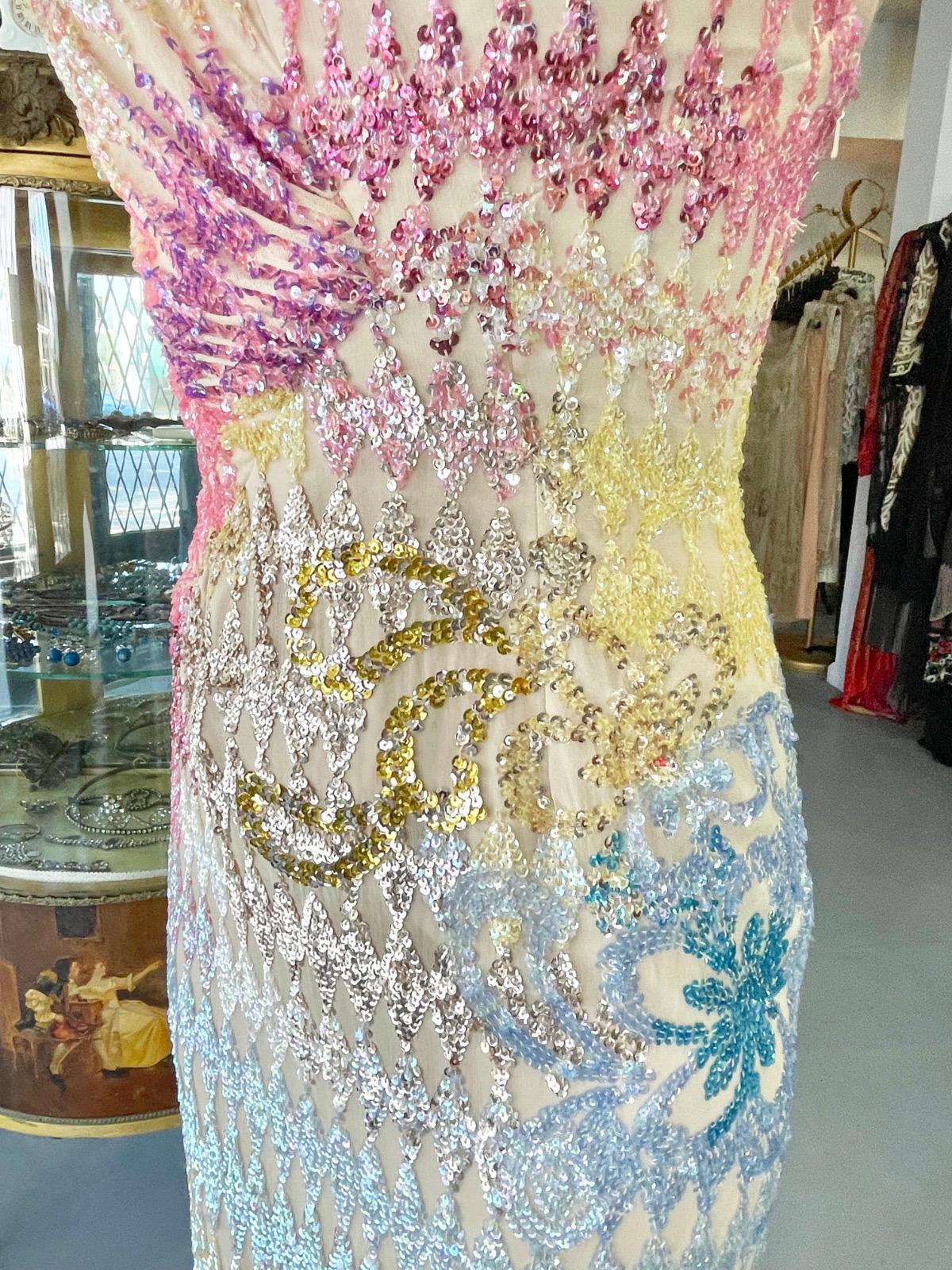 1990's Mike Benet Rainbow Sequin Silk Asymmetric Hourglass Versace-Like Gown 1