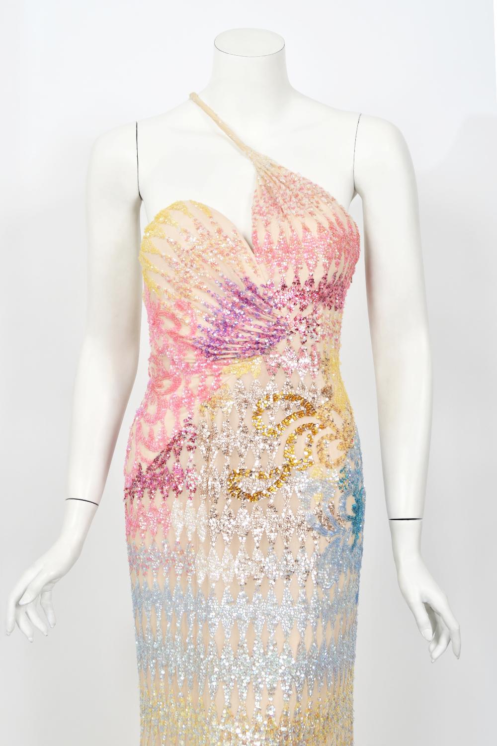 1990's Mike Benet Rainbow Sequin Silk Asymmetric Hourglass Versace-Like Gown 3