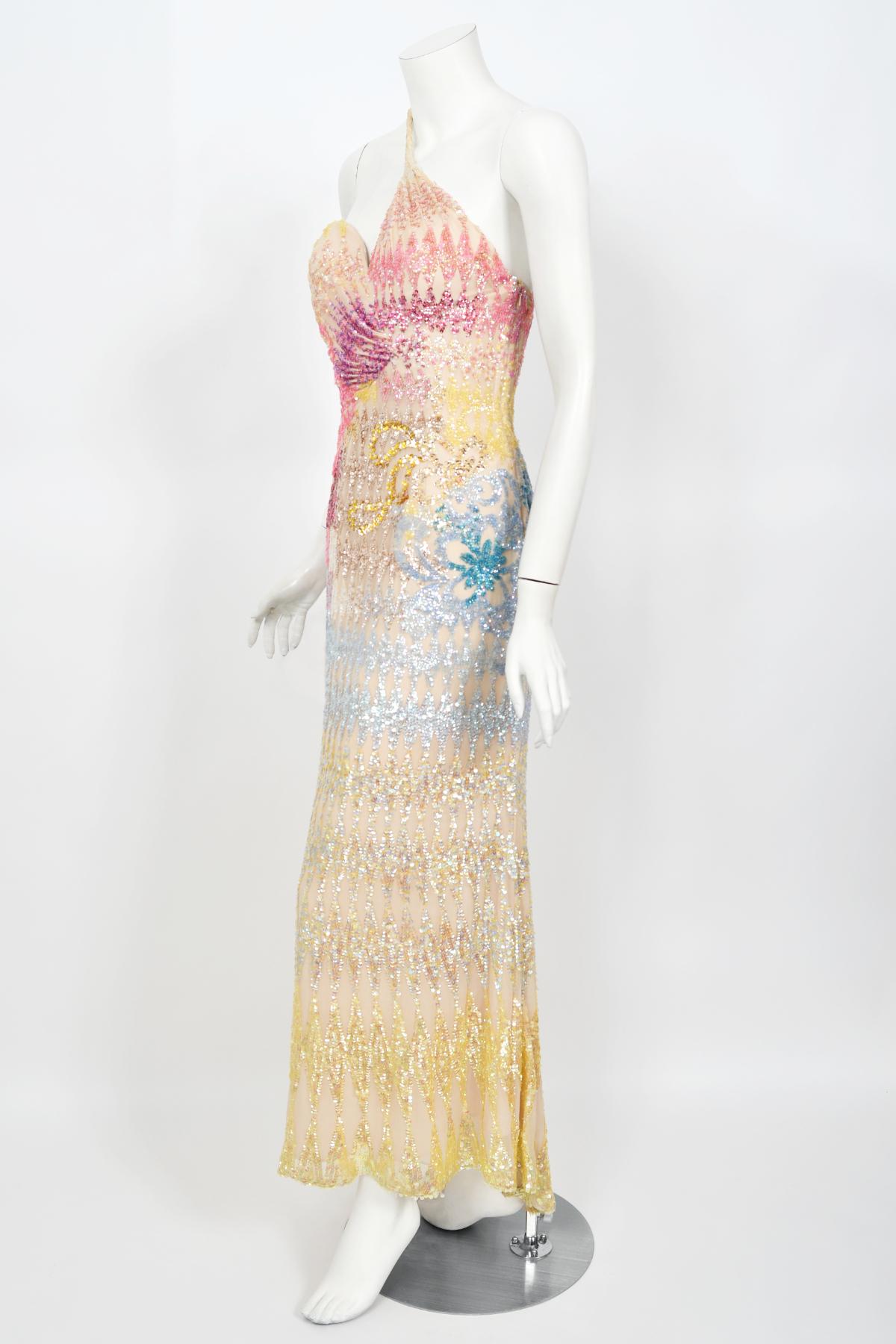 1990's Mike Benet Rainbow Sequin Silk Asymmetric Hourglass Versace-Like Gown 4