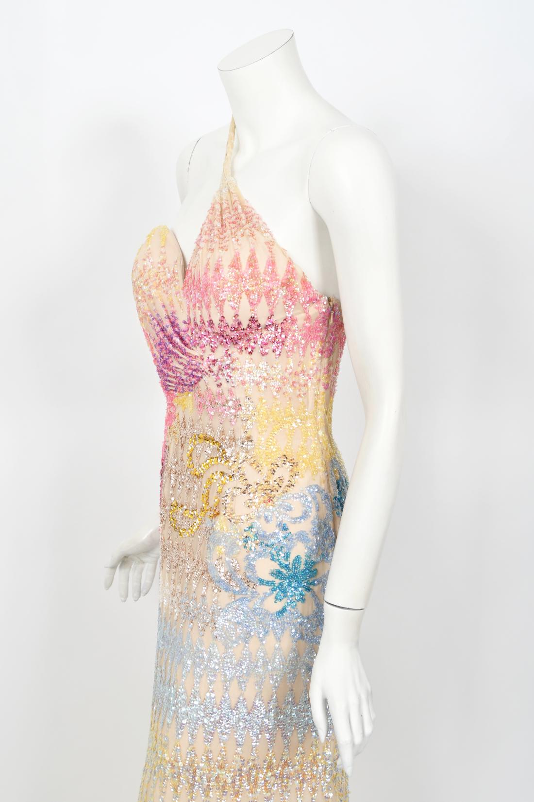 1990's Mike Benet Rainbow Sequin Silk Asymmetric Hourglass Versace-Like Gown 5