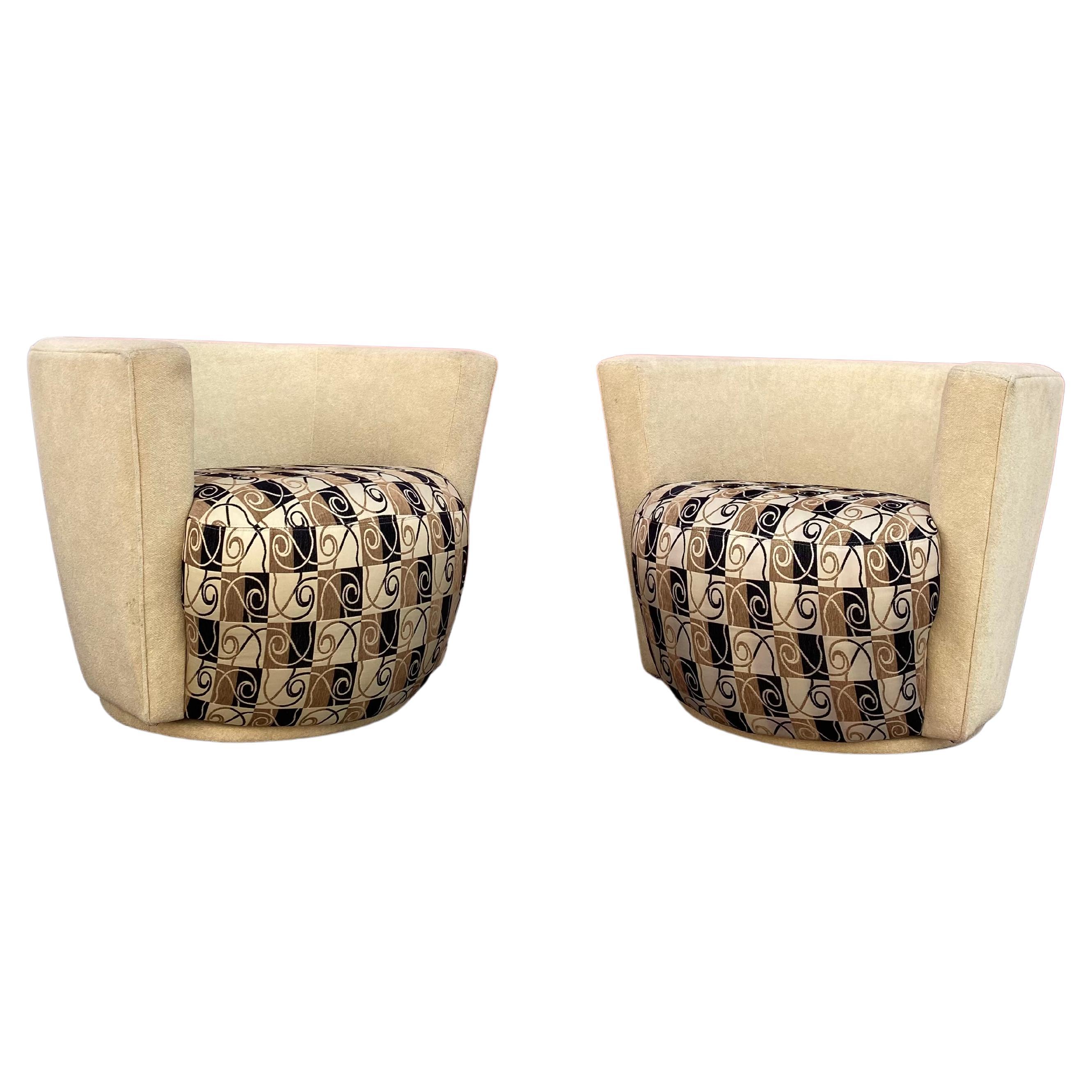 1990 Thayer Coggin Sculptural Abstract Barrel Swivel Chairs, Set of 2