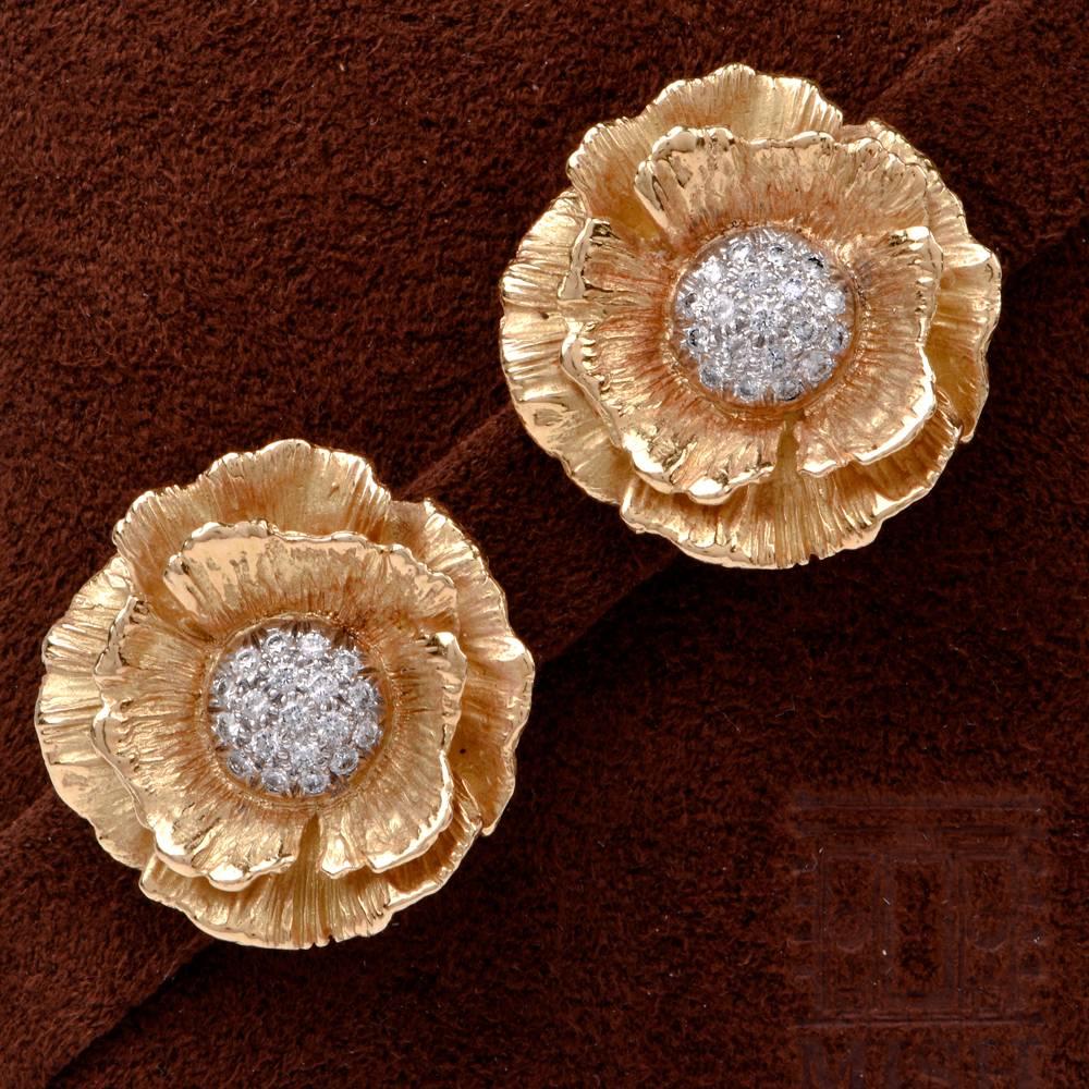 1990s Mish Hibiscus Flower Diamond Yellow Gold Clip-On Earrings 1