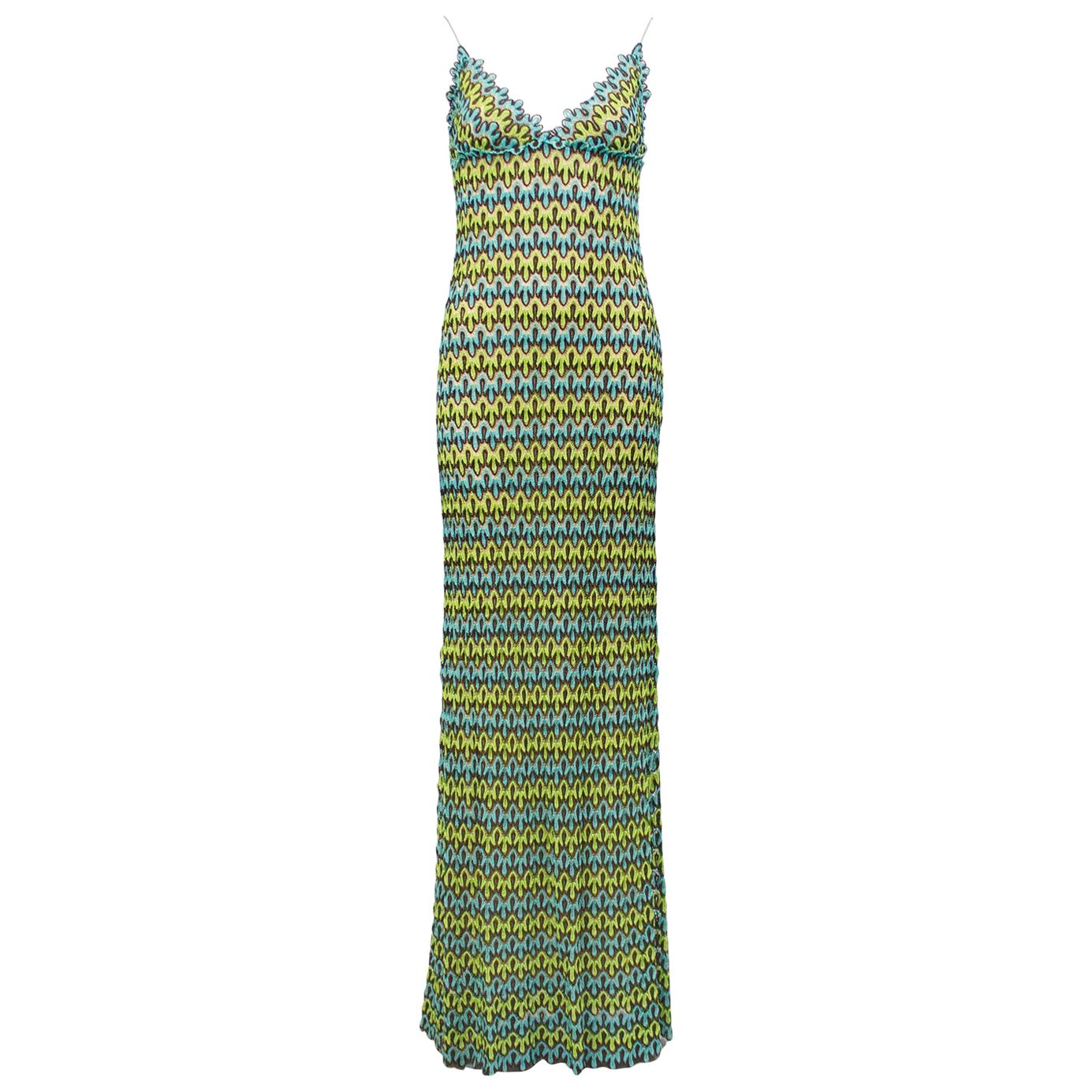 1990s Missoni Green and Blue Crochet Maxi Dress at 1stDibs green