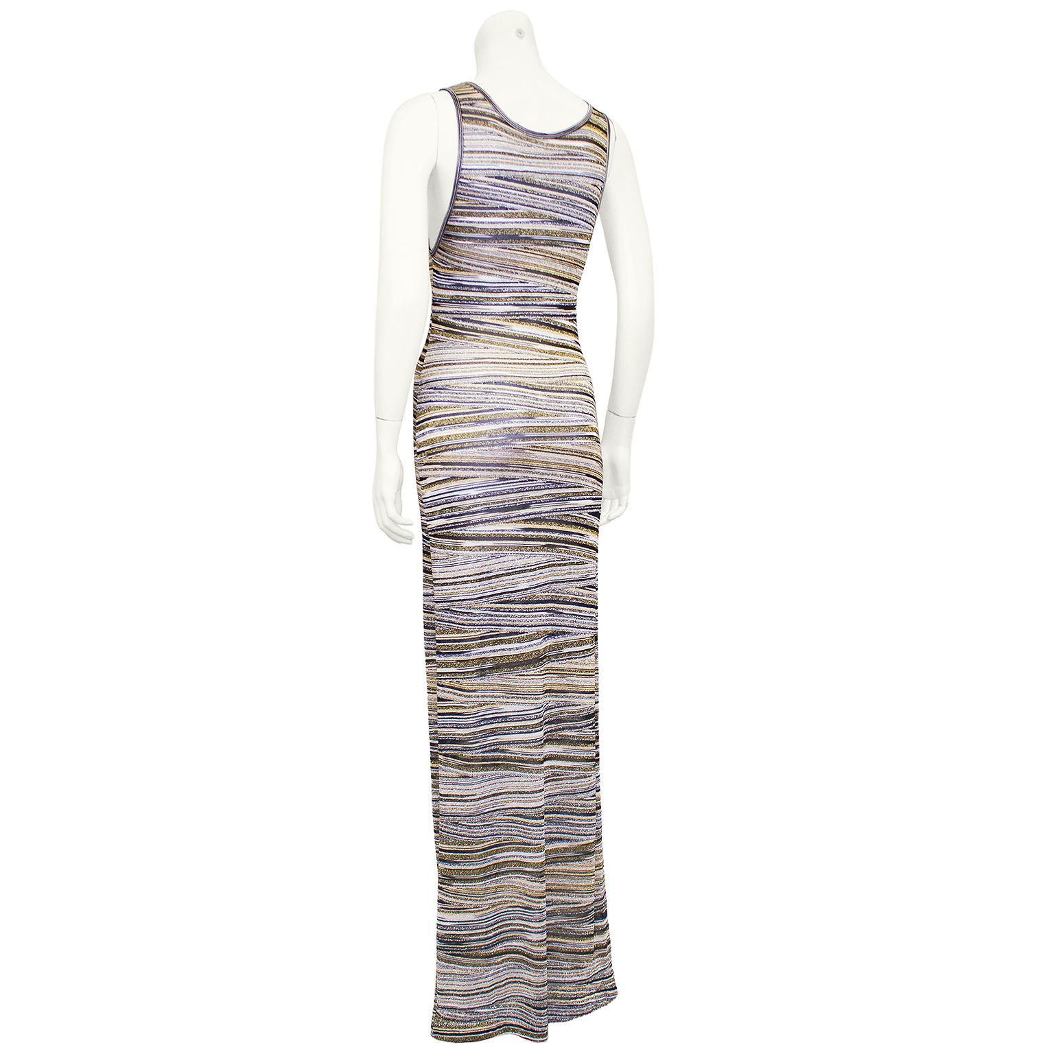Gray 1990s Missoni Metallic Abstract Stripe Knit Maxi Dress  For Sale