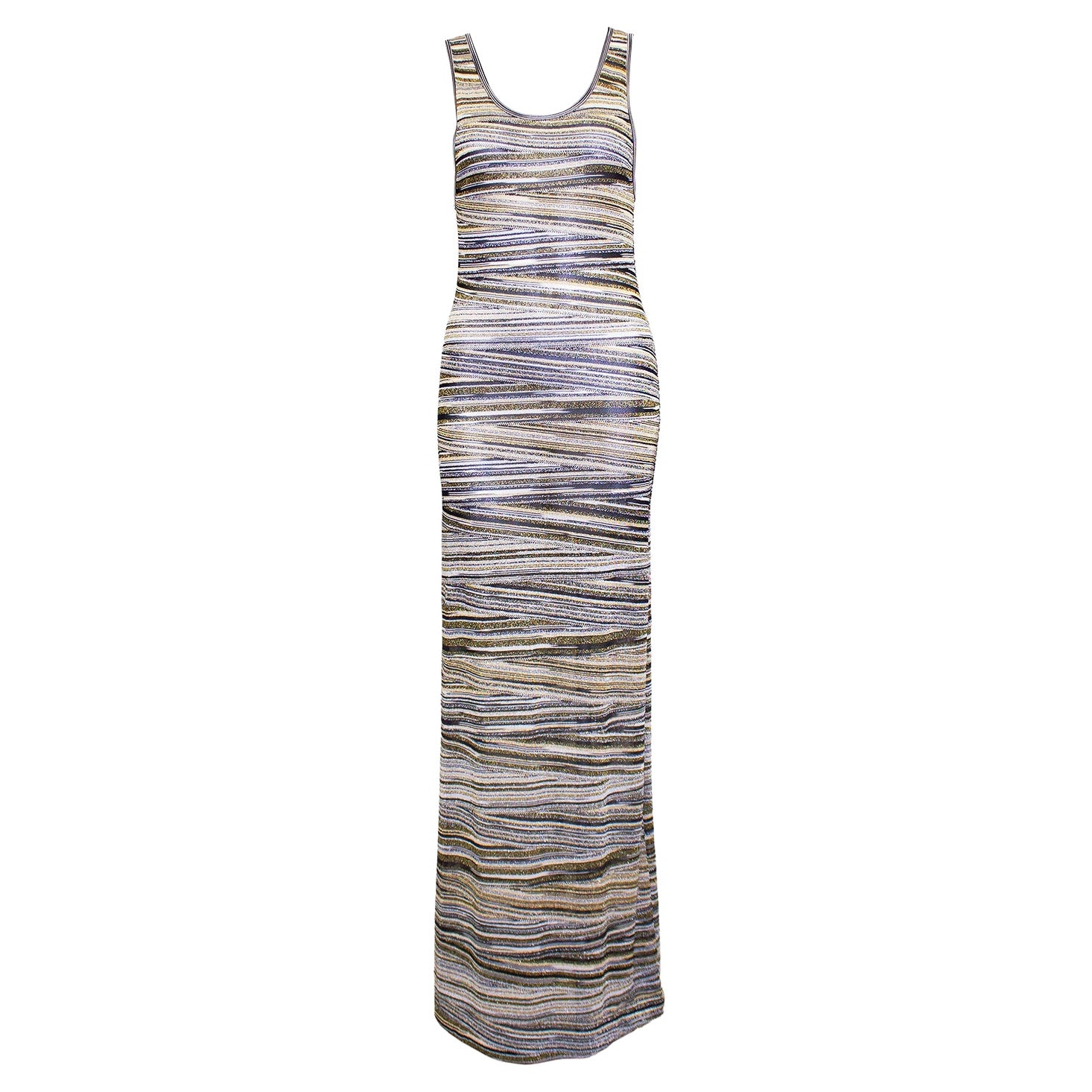 Robe longue en tricot à rayures abstraites métalliques Missoni des années 1990