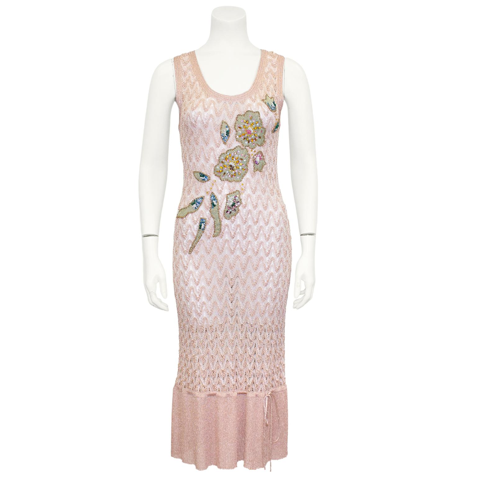 Stunning Missoni metallic blush pink knit chevron dress and cardigan set from the 1990s. Dress is bodycon and sleeveless with round neckline and 8