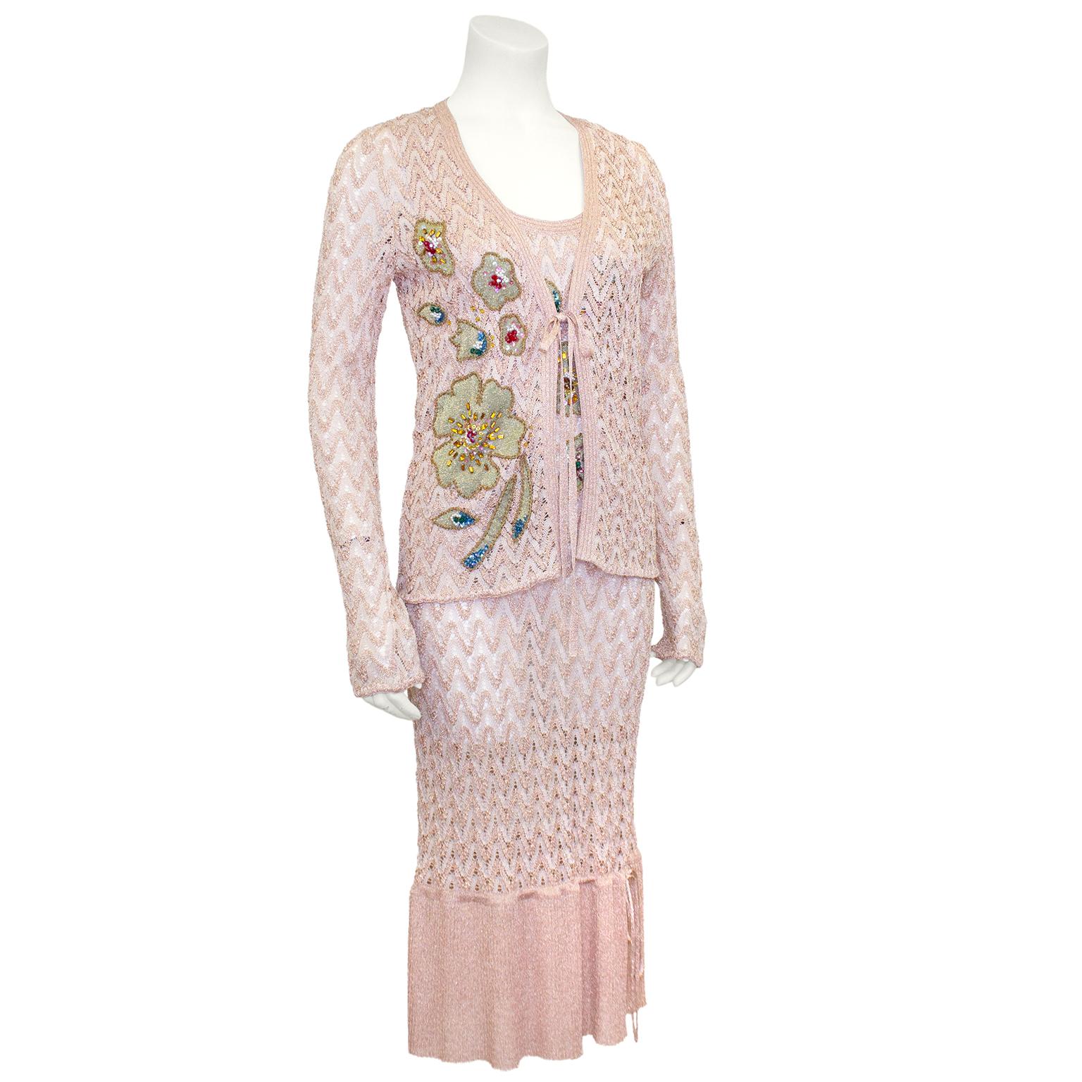 Beige 1990s Missoni Metallic Knit Blush Pink Dress and Cardigan 