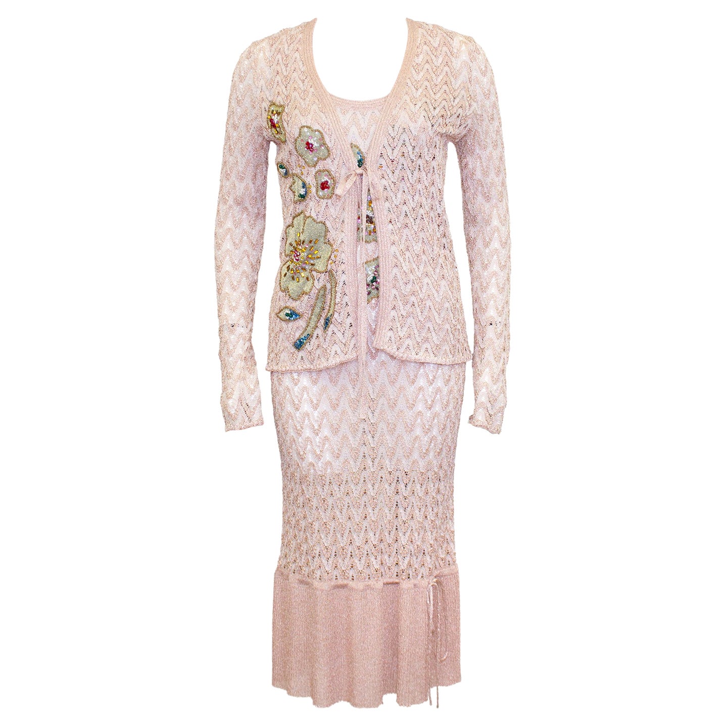 1990s Missoni Metallic Knit Blush Pink Dress and Cardigan