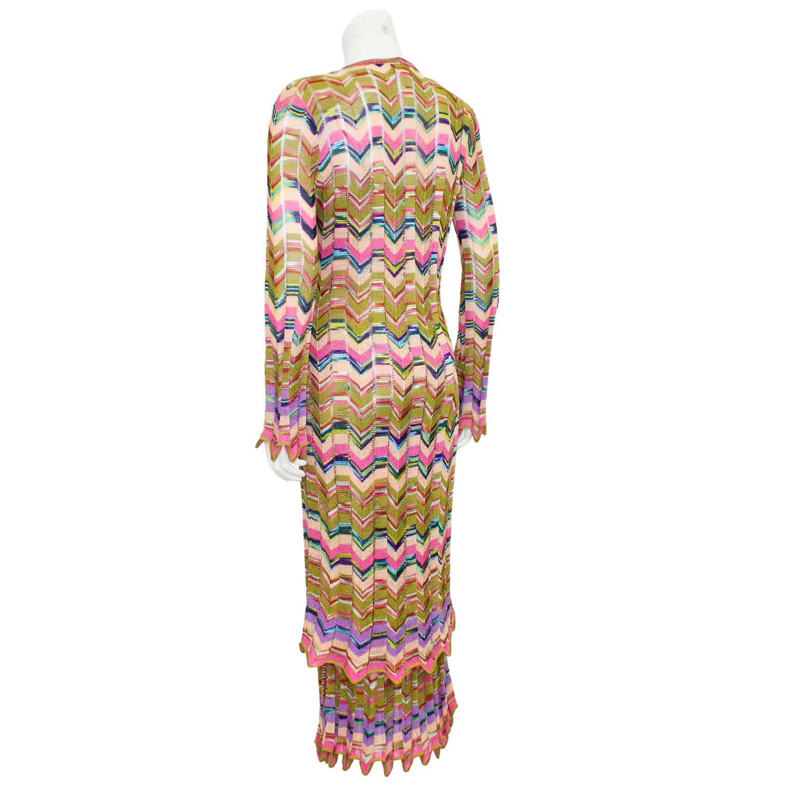Beige 1990s Missoni Multi Colour Knit Chevron Dress and Long Cardigan  For Sale