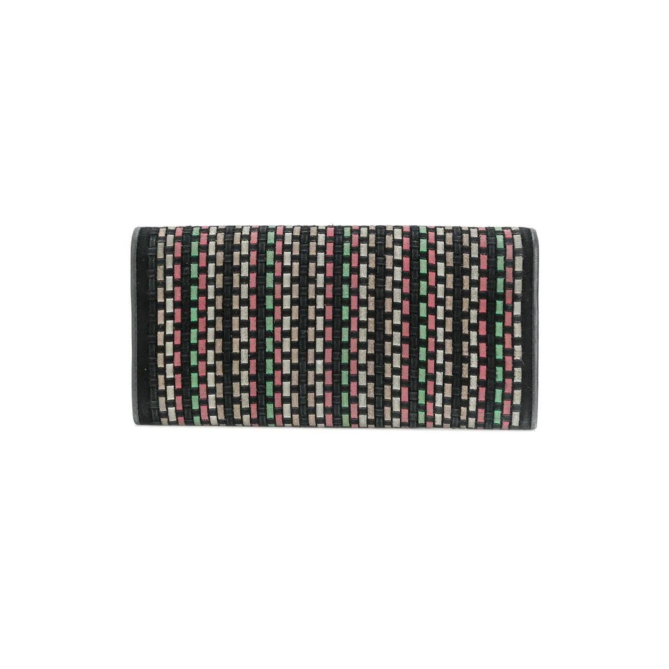 Missoni black, white, pink and green suede wallet. External embossed geometric design. Frontal flap with hidden button. Leather and logoed fabric interior lining: 6 card holders, coin holder pocket with logoed zip, 5 more open pockets.

The item