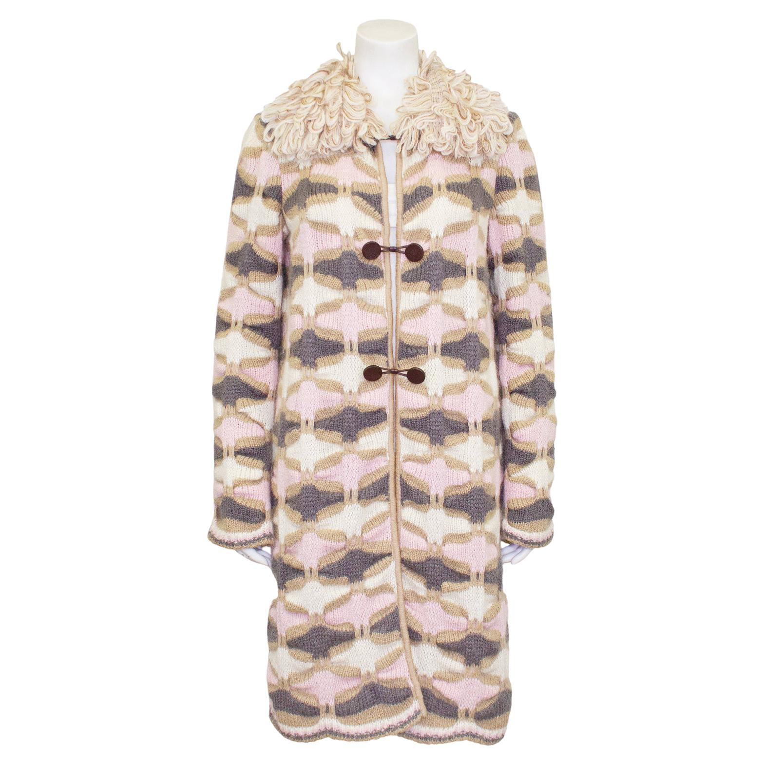 Manteau de voiture en laine rose, crème et gris Missoni des années 1990  en vente