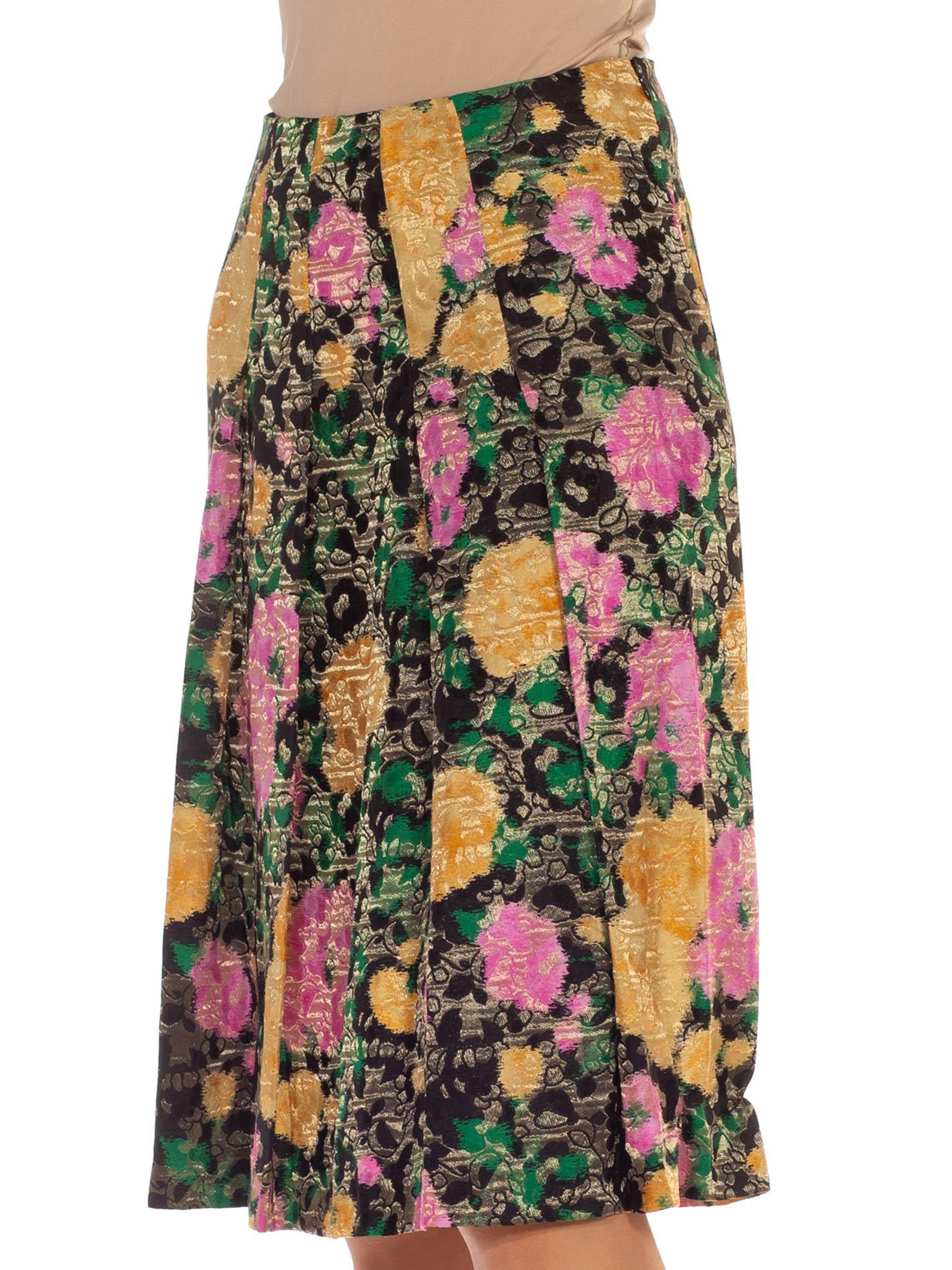 Women's 1990S MIU Green, Gold & Black Silk Lurex Blend Jacquard Skirt