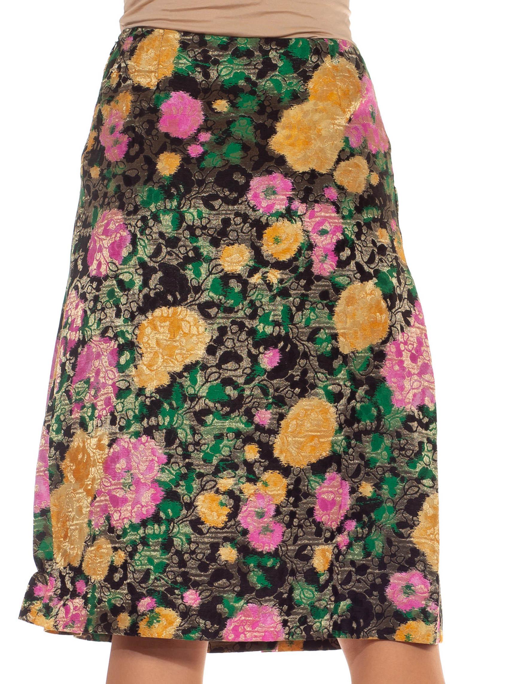 1990S MIU Green, Gold & Black Silk Lurex Blend Jacquard Skirt 1