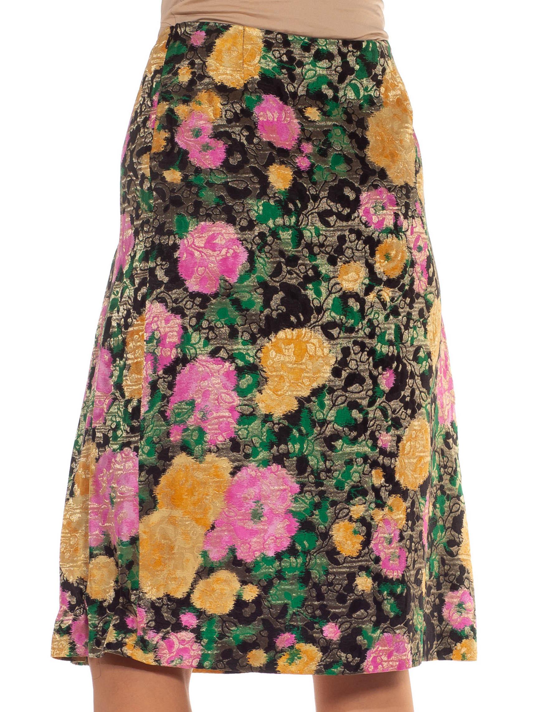 1990S MIU Green, Gold & Black Silk Lurex Blend Jacquard Skirt 2