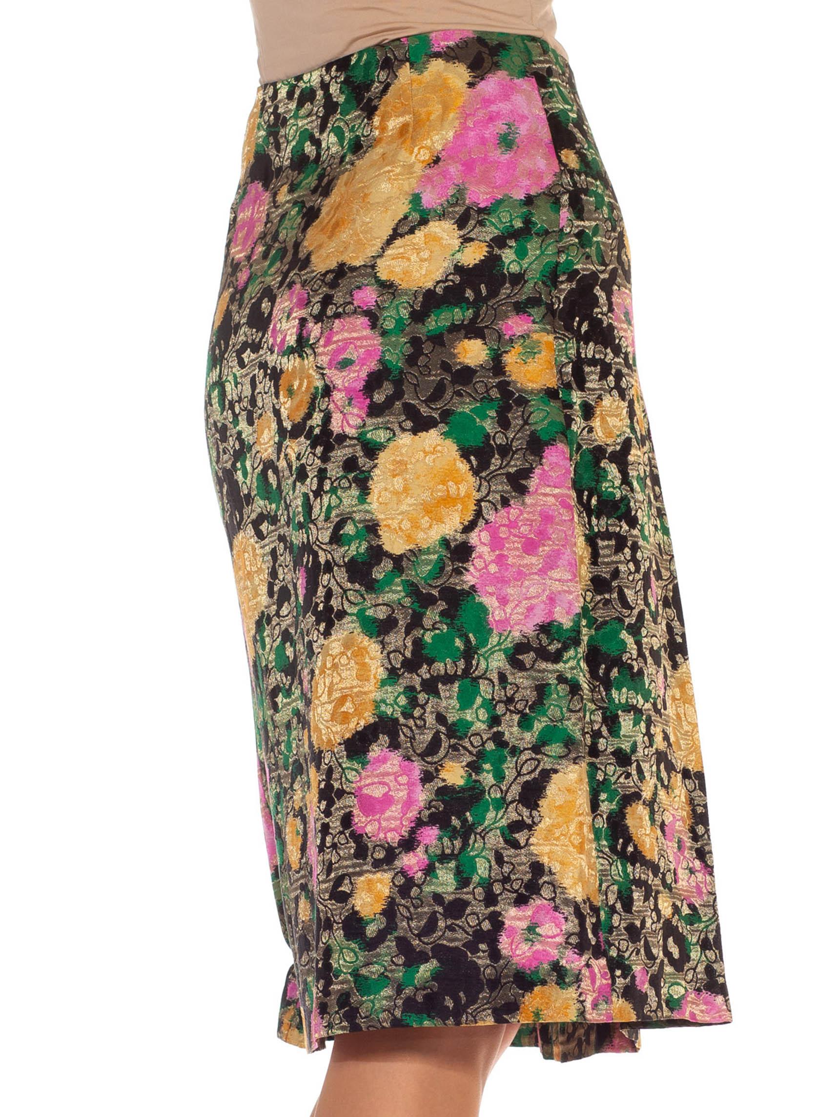 1990S MIU Green, Gold & Black Silk Lurex Blend Jacquard Skirt 3