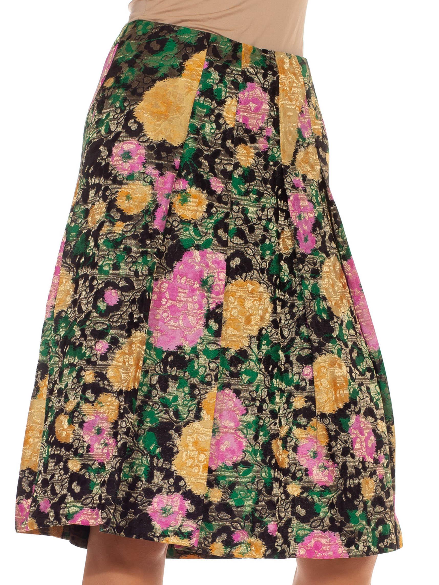 1990S MIU Green, Gold & Black Silk Lurex Blend Jacquard Skirt 5