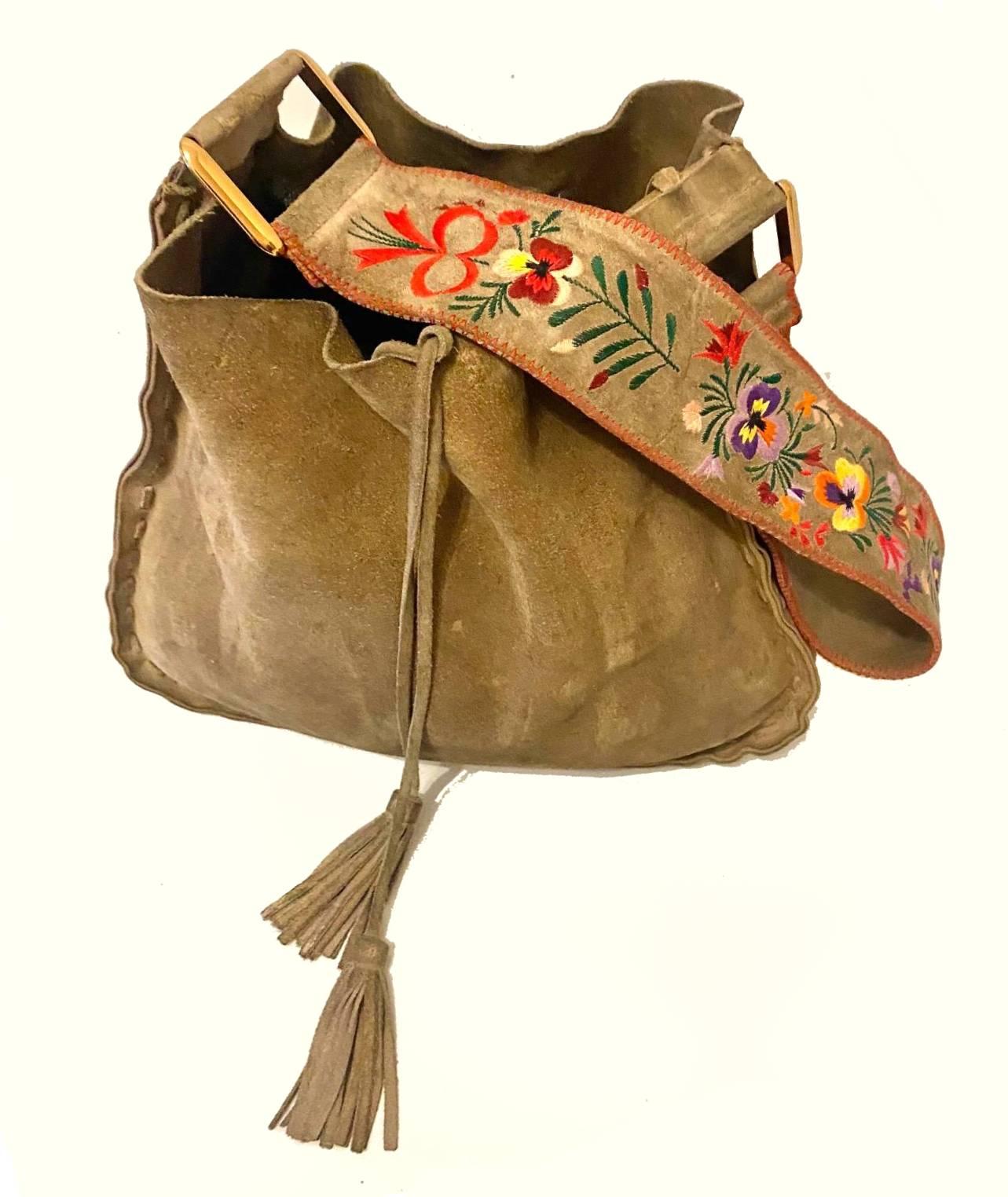 1990s Miu Miu Suede Flower Embroidered Shoulder Bag For Sale at