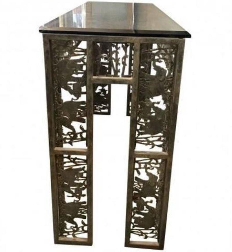 French 1990s Mixed Metal and Glass Console & Metal Mirror, Set For Sale