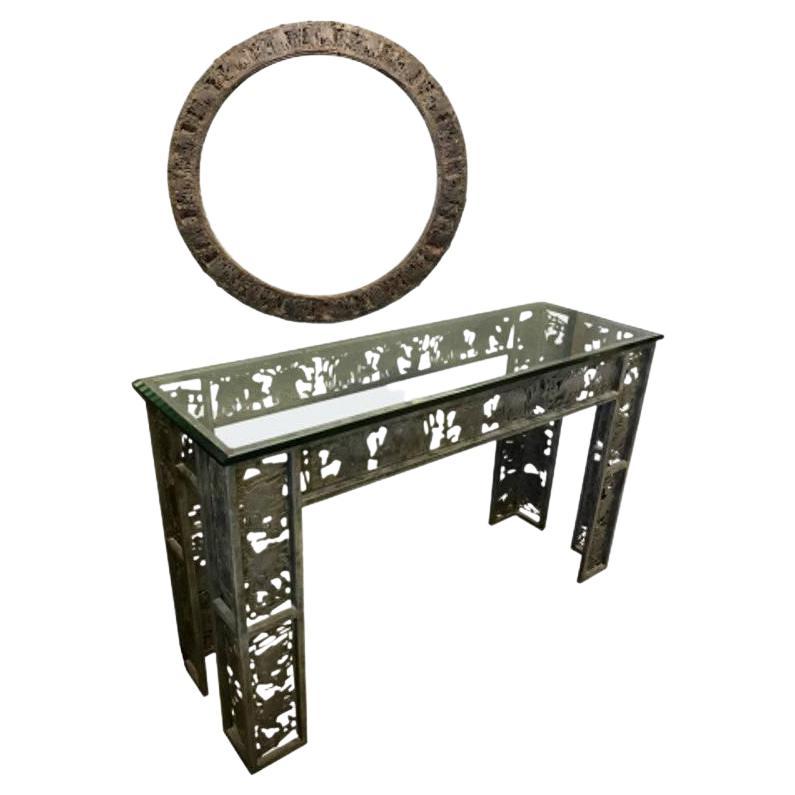 1990s Mixed Metal and Glass Console & Metal Mirror, Set For Sale