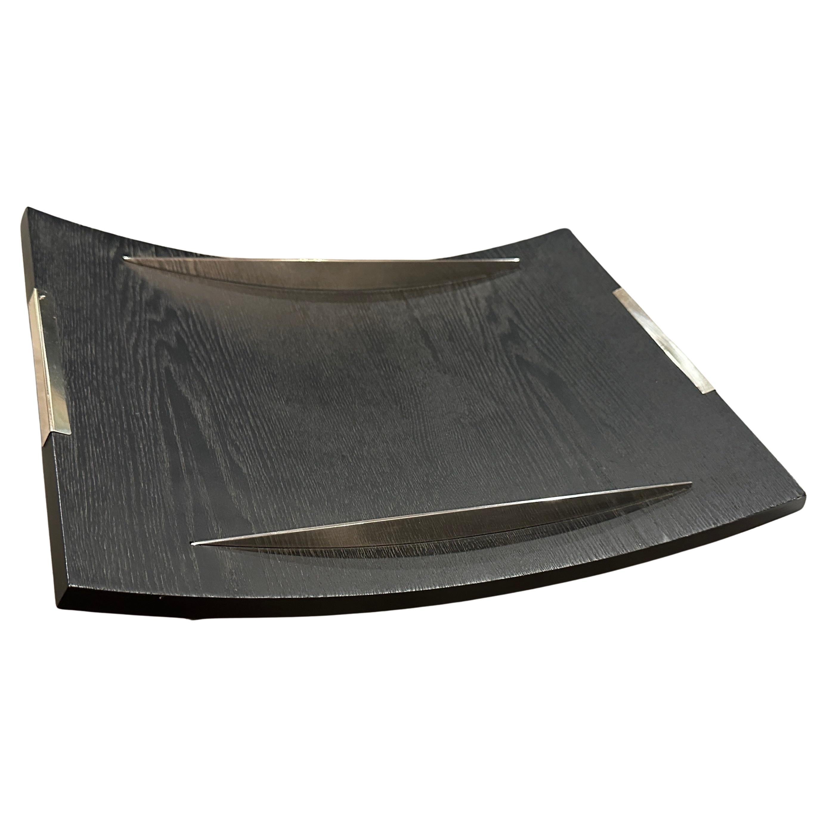 1990s Modern Curved Ebonized Wood and Sterling Silver Serving Tray by Silvan For Sale