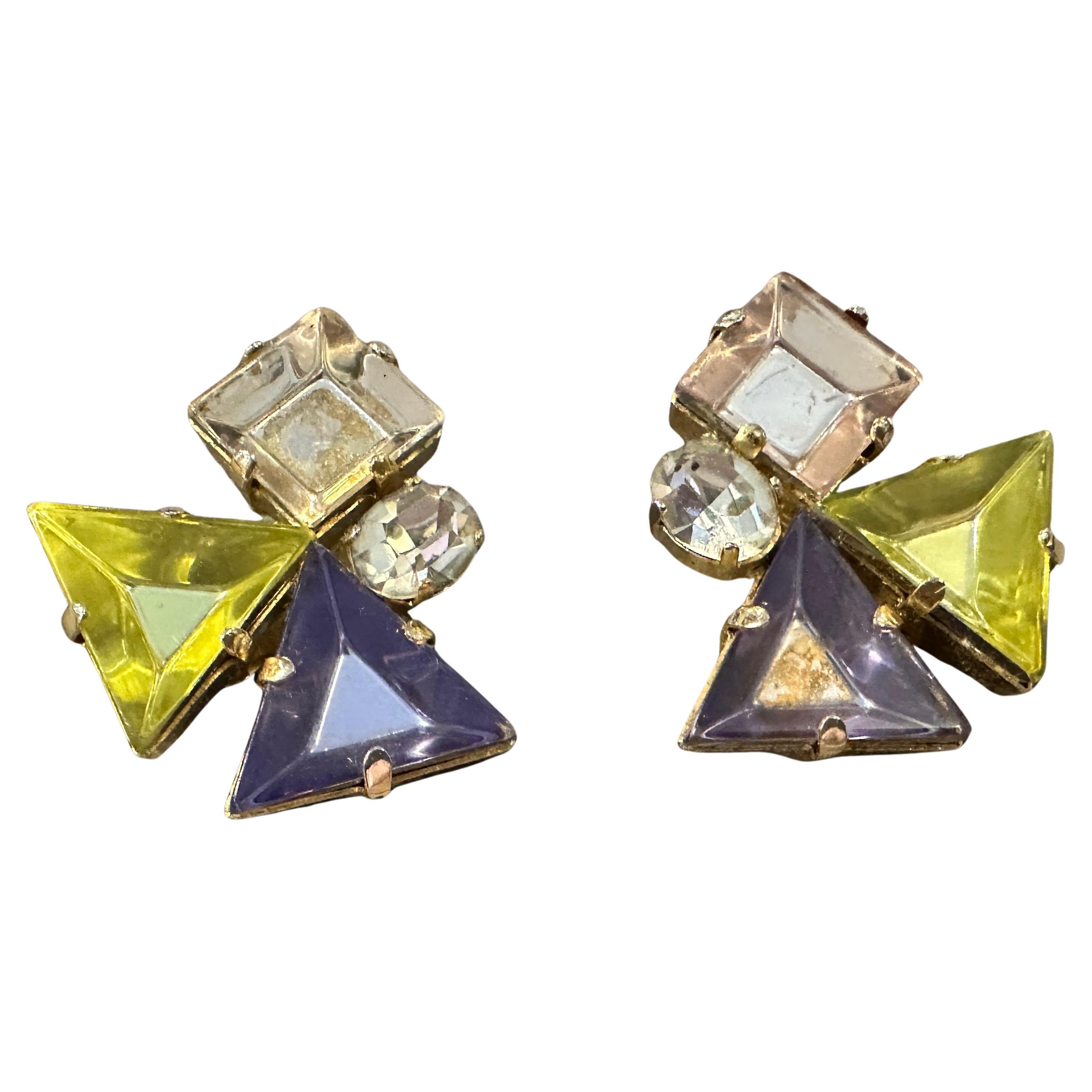 1990 Boucles d'oreilles italiennes à clip en laiton doré et strass en vente