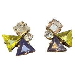 1990 Boucles d'oreilles italiennes à clip en laiton doré et strass