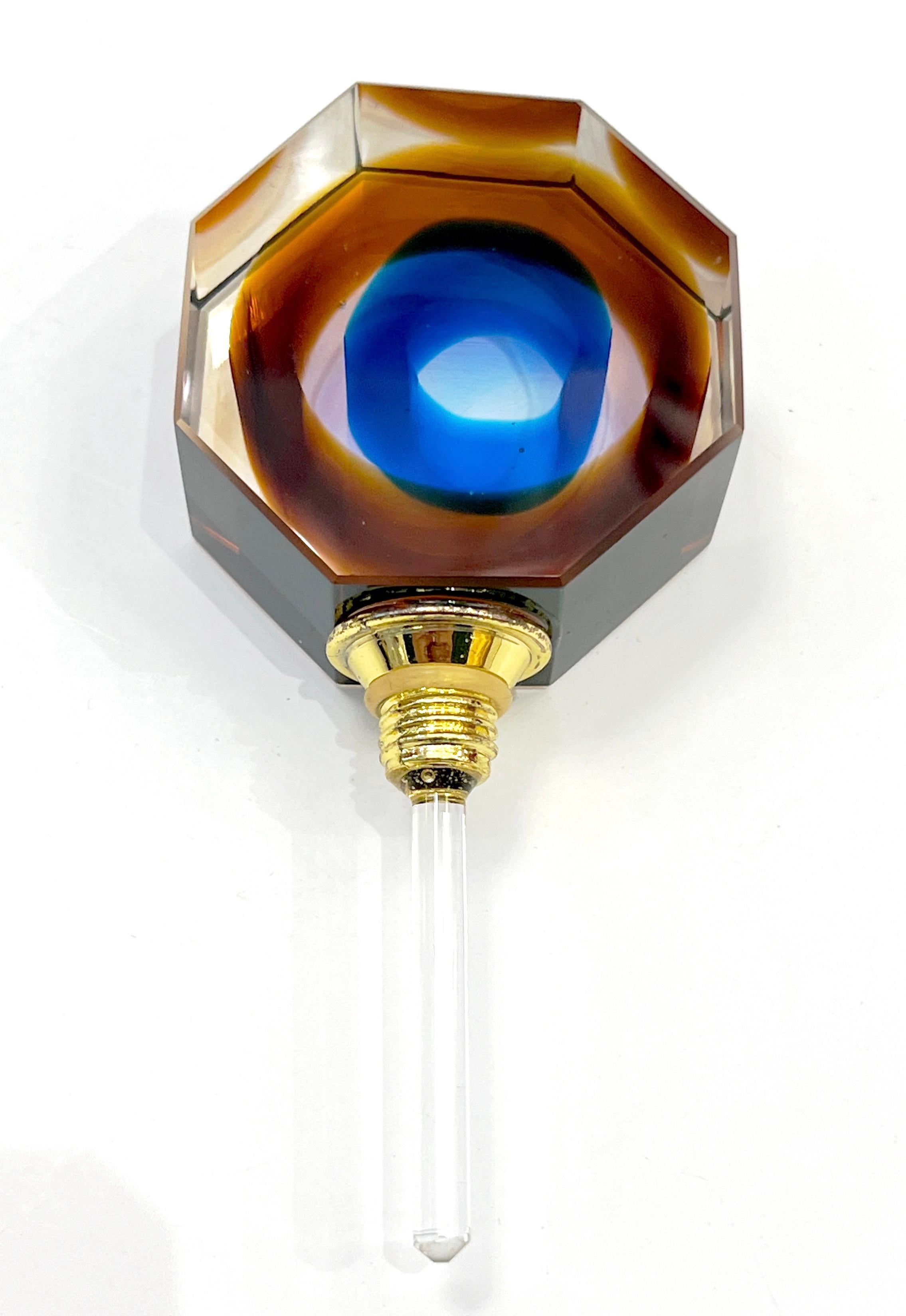 1990s Modern Italian Blue Green Amber Murano Glass Diamond Cut Perfume Bottle 3