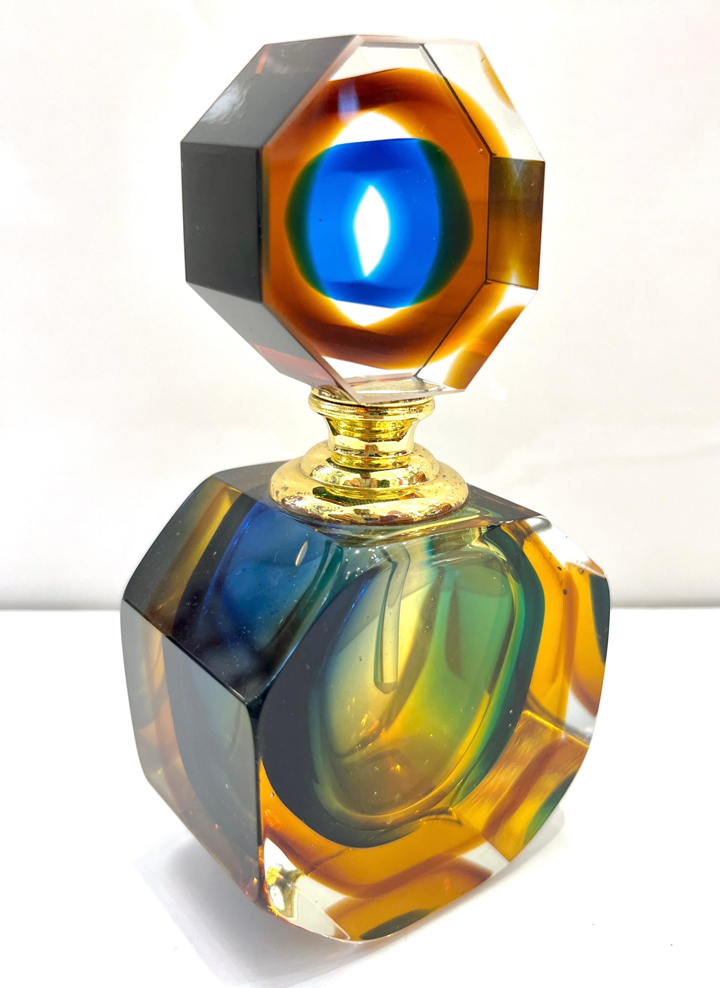 1990s Modern Italian Blue Green Amber Murano Glass Diamond Cut Perfume Bottle 5