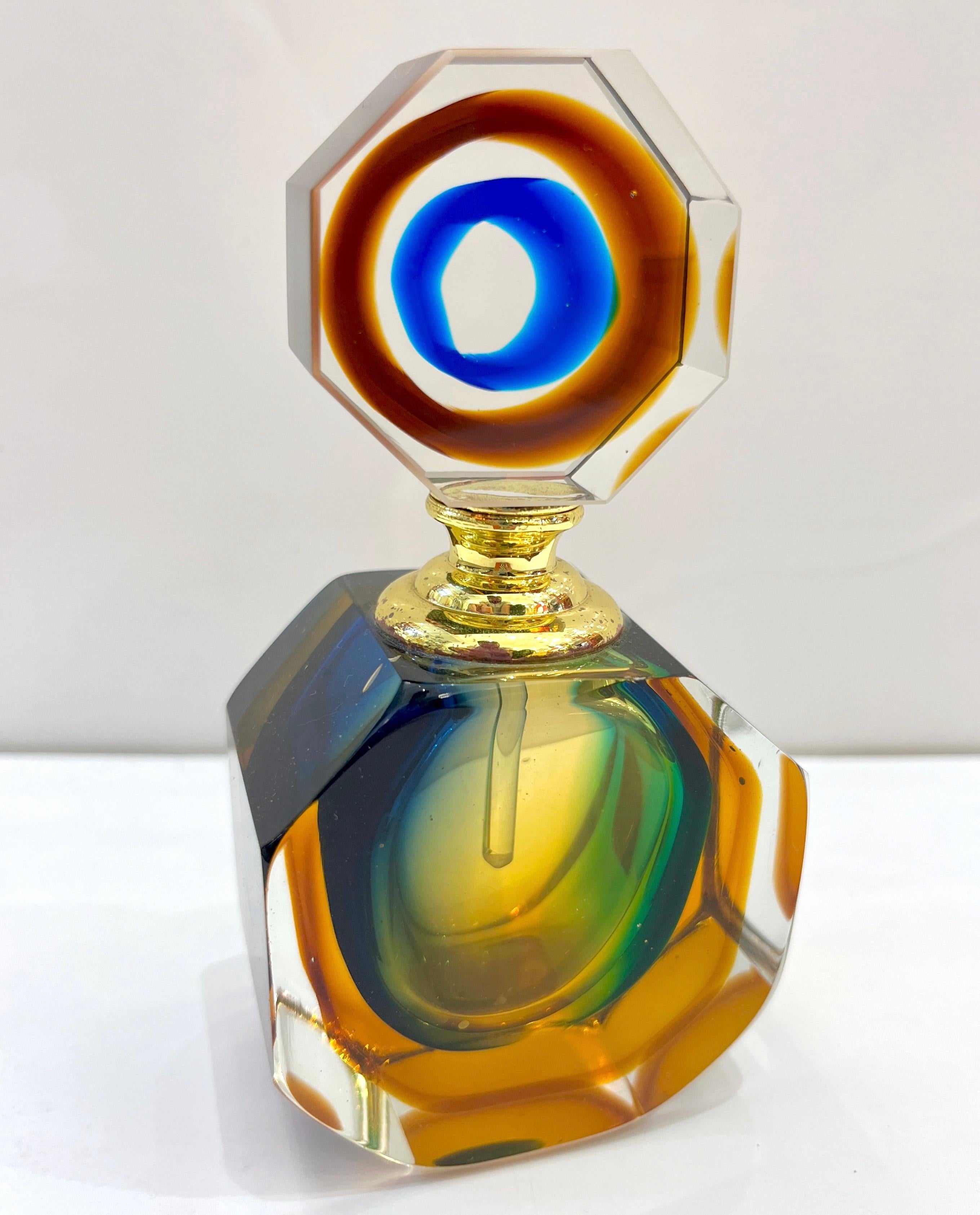 1990s Modern Italian Blue Green Amber Murano Glass Diamond Cut Perfume Bottle 6