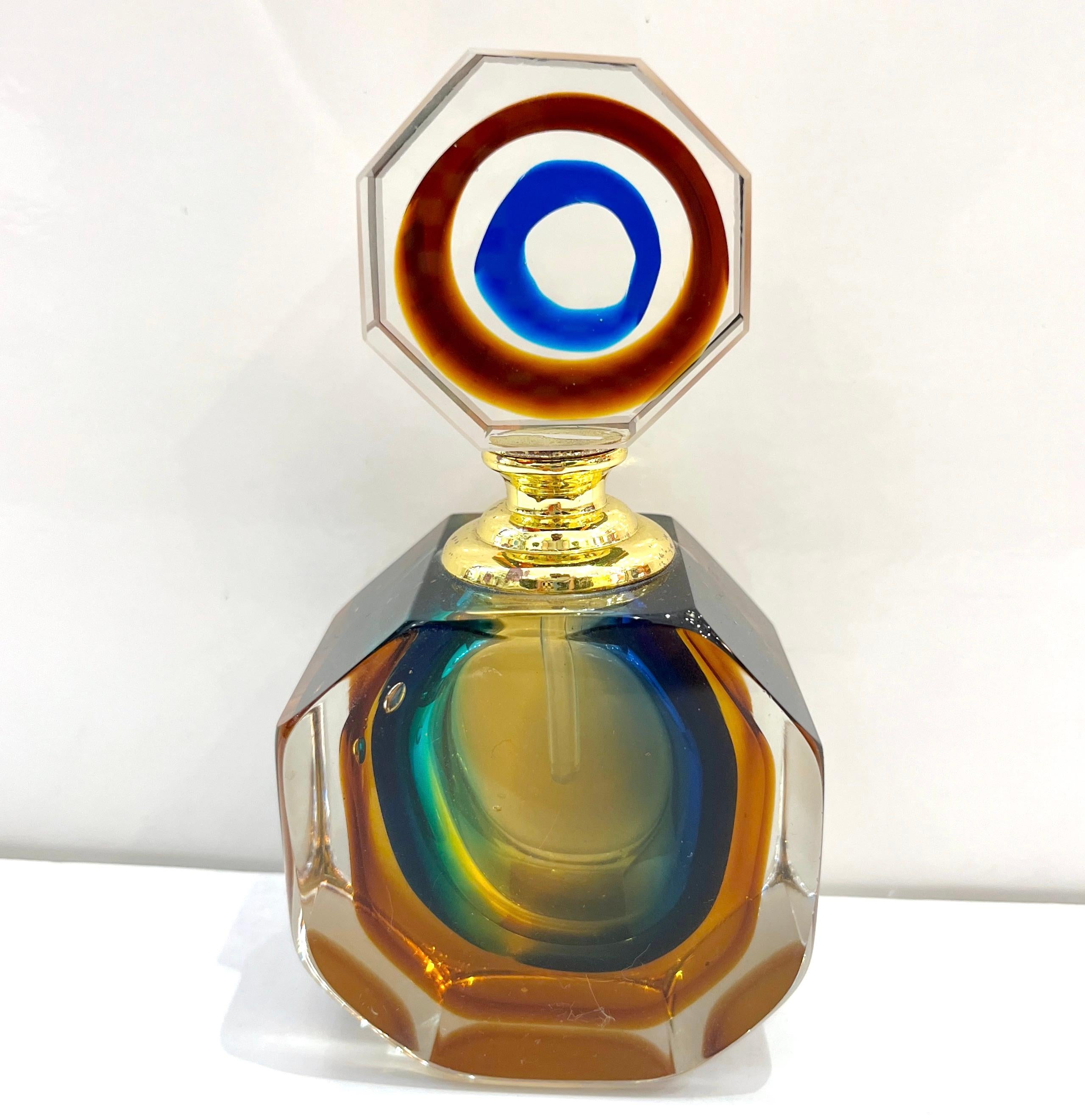 1990s Modern Italian Blue Green Amber Murano Glass Diamond Cut Perfume Bottle 7