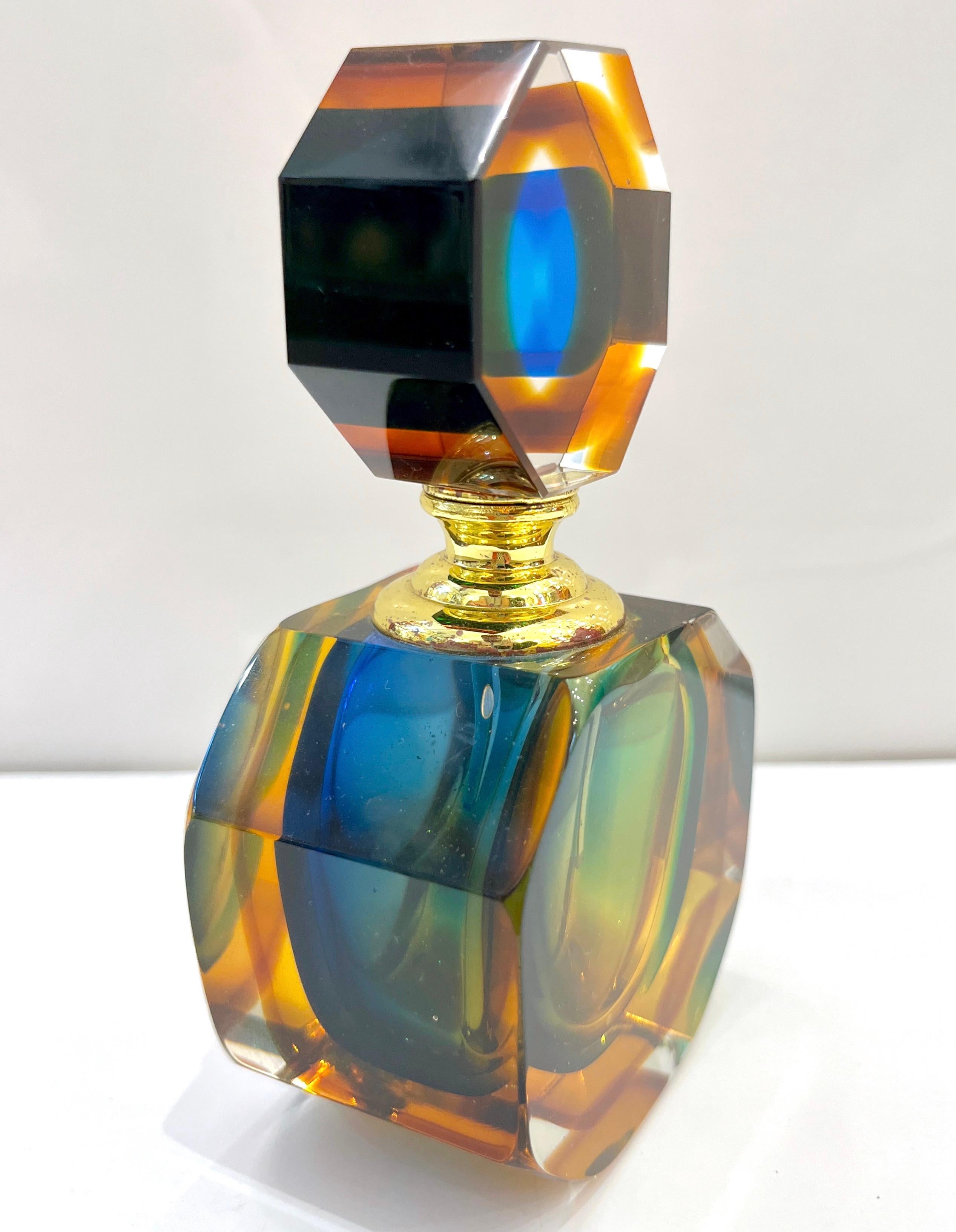 1990s Modern Italian Blue Green Amber Murano Glass Diamond Cut Perfume Bottle 10