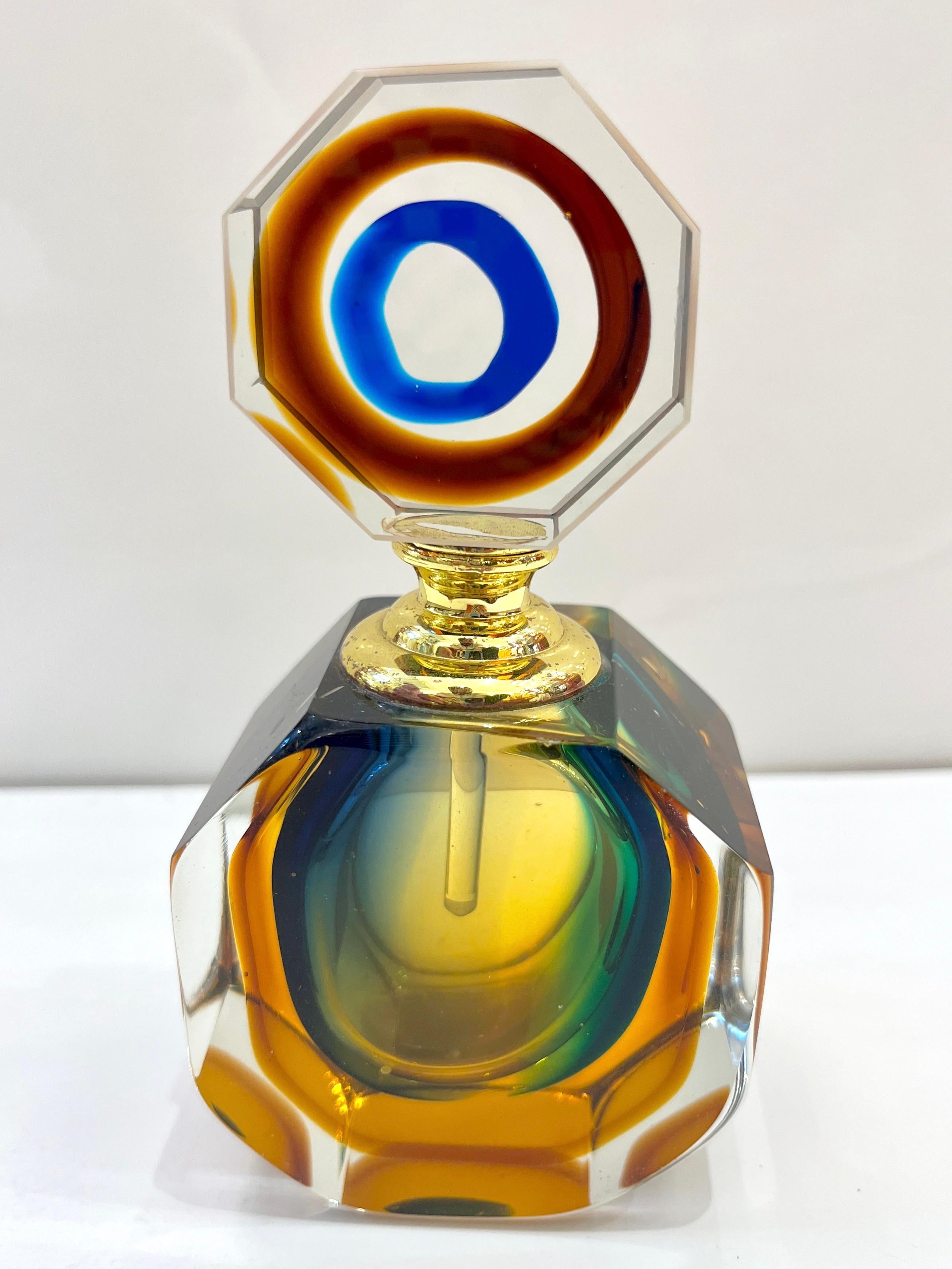 Organic Modern 1990s Modern Italian Blue Green Amber Murano Glass Diamond Cut Perfume Bottle
