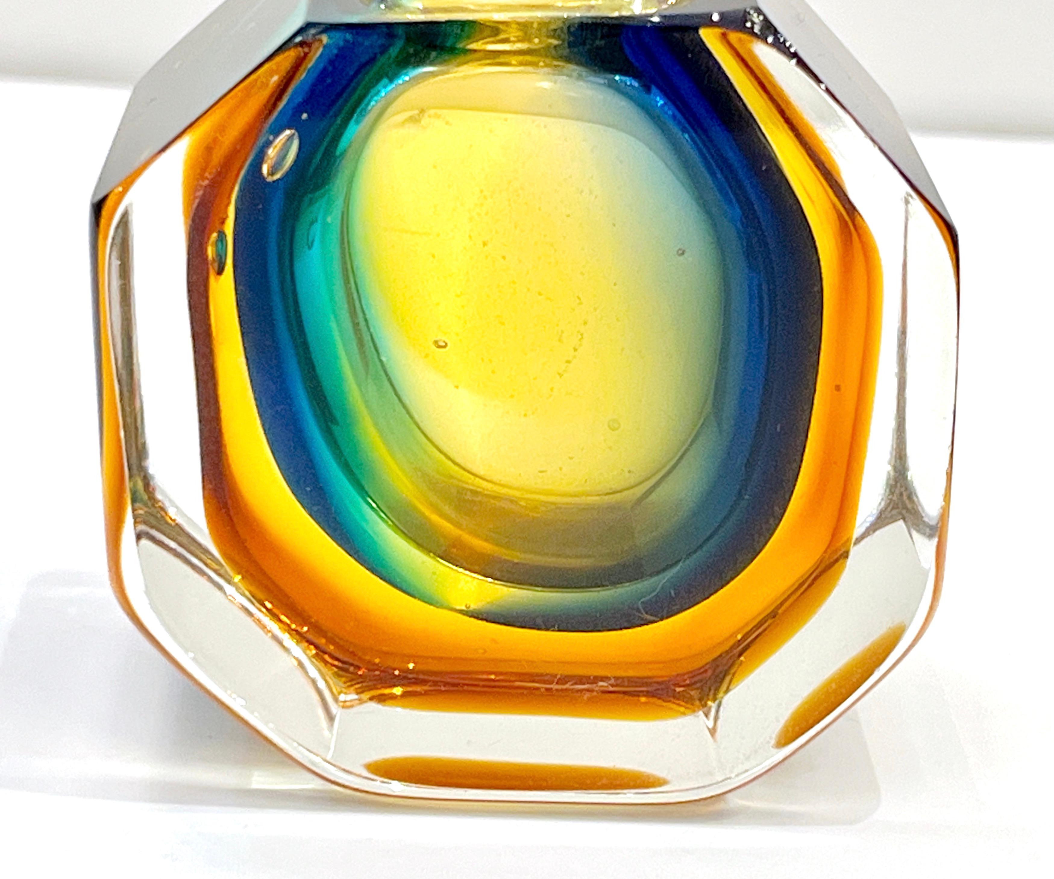 Hand-Crafted 1990s Modern Italian Blue Green Amber Murano Glass Diamond Cut Perfume Bottle