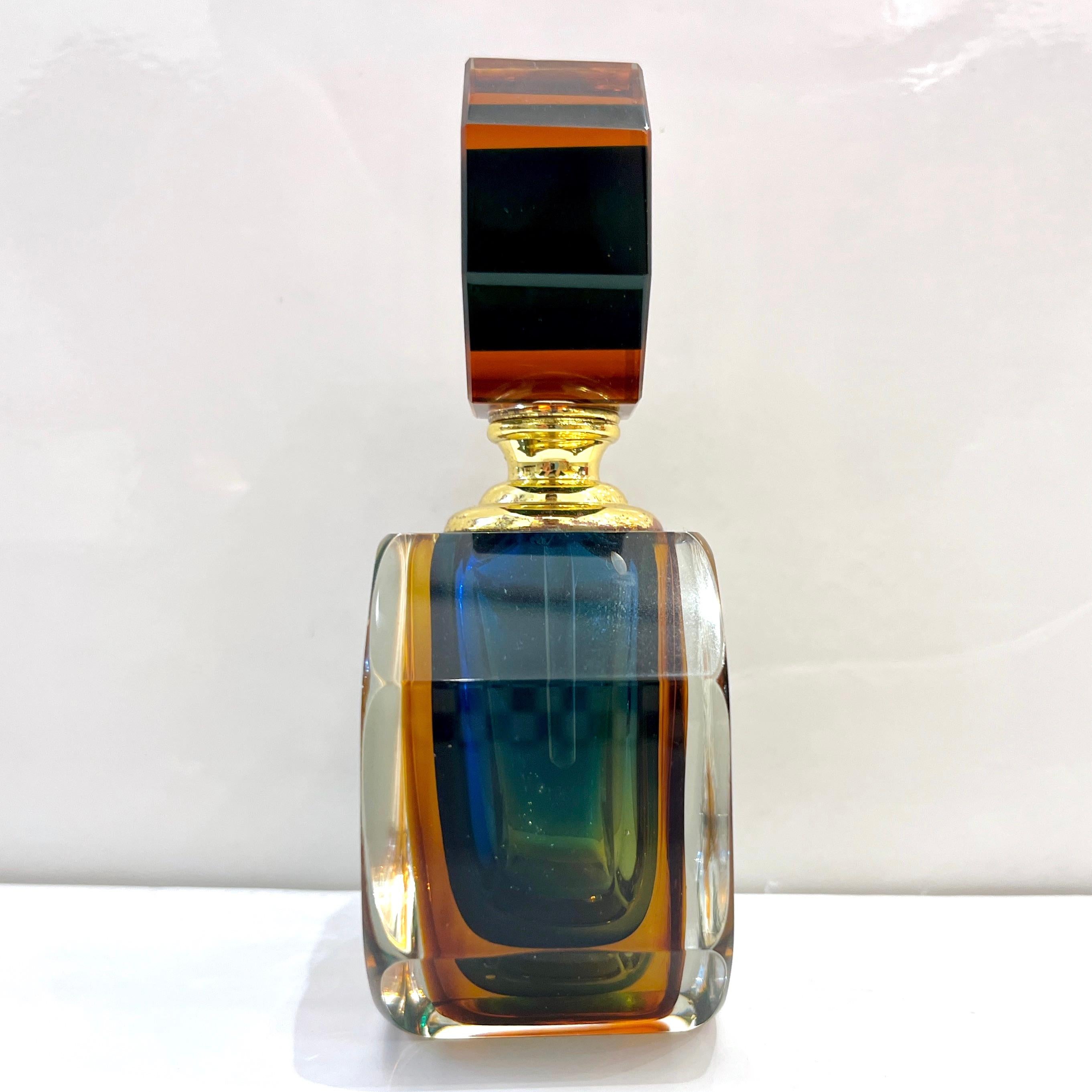 Late 20th Century 1990s Modern Italian Blue Green Amber Murano Glass Diamond Cut Perfume Bottle