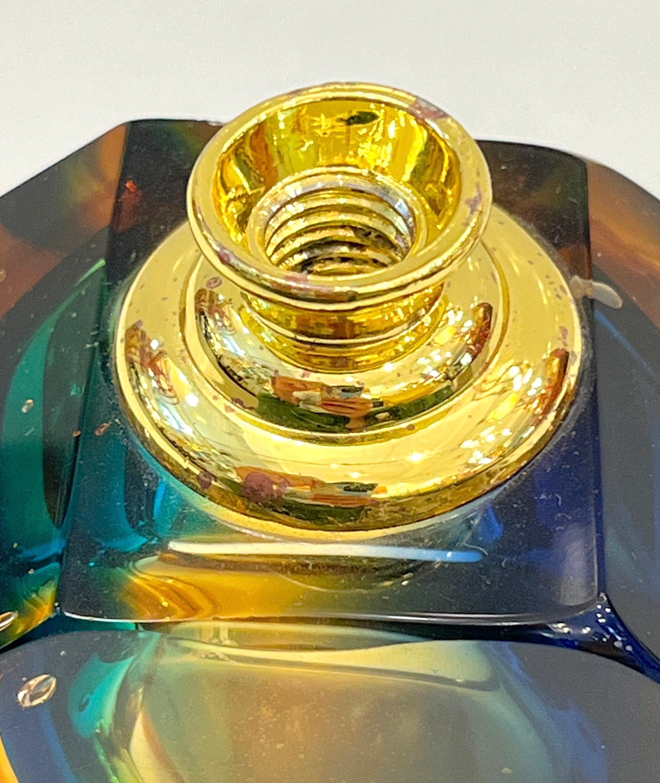 Brass 1990s Modern Italian Blue Green Amber Murano Glass Diamond Cut Perfume Bottle
