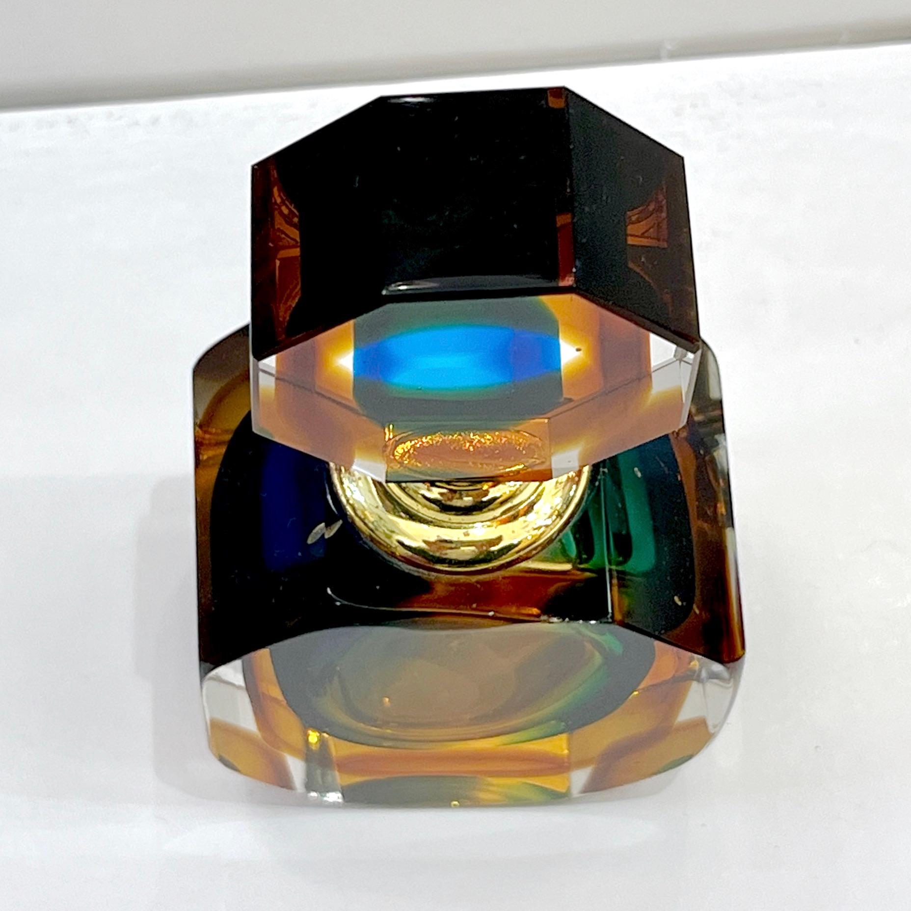 1990s Modern Italian Blue Green Amber Murano Glass Diamond Cut Perfume Bottle 1